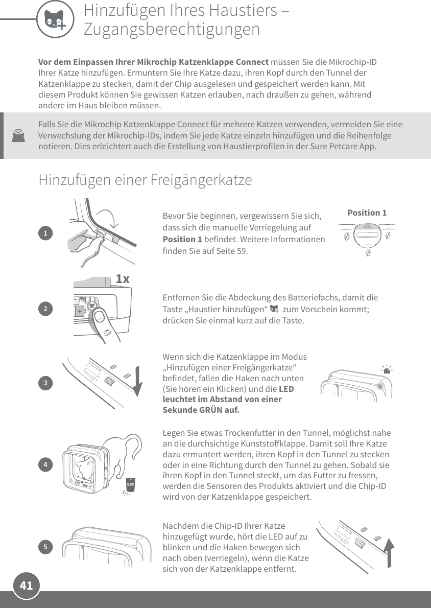 41Hinzufügen Ihres Haustiers – ZugangsberechtigungenVor dem Einpassen Ihrer Mikrochip Katzenklappe Connect müssen Sie die Mikrochip-ID Ihrer Katze hinzufügen. Ermuntern Sie Ihre Katze dazu, ihren Kopf durch den Tunnel der Katzenklappe zu stecken, damit der Chip ausgelesen und gespeichert werden kann. Mit diesem Produkt können Sie gewissen Katzen erlauben, nach draußen zu gehen, während andere im Haus bleiben müssen.Hinzufügen einer Freigängerkatze4Legen Sie etwas Trockenfutter in den Tunnel, möglichst nahe an die durchsichtige Kunststoklappe. Damit soll Ihre Katze dazu ermuntert werden, ihren Kopf in den Tunnel zu stecken oder in eine Richtung durch den Tunnel zu gehen. Sobald sie ihren Kopf in den Tunnel steckt, um das Futter zu fressen, werden die Sensoren des Produkts aktiviert und die Chip-ID wird von der Katzenklappe gespeichert. 5Nachdem die Chip-ID Ihrer Katze hinzugefügt wurde, hört die LED auf zu blinken und die Haken bewegen sich nach oben (verriegeln), wenn die Katze sich von der Katzenklappe entfernt.1xEntfernen Sie die Abdeckung des Batteriefachs, damit die Taste „Haustier hinzufügen“        zum Vorschein kommt; drücken Sie einmal kurz auf die Taste.23Wenn sich die Katzenklappe im Modus „Hinzufügen einer Freigängerkatze“ befindet, fallen die Haken nach unten (Sie hören ein Klicken) und die LED leuchtet im Abstand von einer Sekunde GRÜN auf. Bevor Sie beginnen, vergewissern Sie sich, dass sich die manuelle Verriegelung auf Position 1 befindet. Weitere Informationen finden Sie auf Seite 59.1Position 1Falls Sie die Mikrochip Katzenklappe Connect für mehrere Katzen verwenden, vermeiden Sie eine Verwechslung der Mikrochip-IDs, indem Sie jede Katze einzeln hinzufügen und die Reihenfolge notieren. Dies erleichtert auch die Erstellung von Haustierprofilen in der Sure Petcare App.