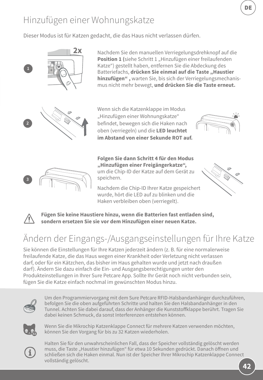 42DEHinzufügen einer WohnungskatzeÄndern der Eingangs-/Ausgangseinstellungen für Ihre KatzeFügen Sie keine Haustiere hinzu, wenn die Batterien fast entladen sind, sondern ersetzen Sie sie vor dem Hinzufügen einer neuen Katze.Um den Programmiervorgang mit dem Sure Petcare RFID-Halsbandanhänger durchzuführen, befolgen Sie die oben aufgeführten Schritte und halten Sie den Halsbandanhänger in den Tunnel. Achten Sie dabei darauf, dass der Anhänger die Kunststoklappe berührt. Tragen Sie dabei keinen Schmuck, da sonst Interferenzen entstehen können.Wenn Sie die Mikrochip Katzenklappe Connect für mehrere Katzen verwenden möchten, können Sie den Vorgang für bis zu 32 Katzen wiederholen. Halten Sie für den unwahrscheinlichen Fall, dass der Speicher vollständig gelöscht werden muss, die Taste „Haustier hinzufügen“ für etwa 10 Sekunden gedrückt. Danach önen und schließen sich die Haken einmal. Nun ist der Speicher Ihrer Mikrochip Katzenklappe Connect vollständig gelöscht.Sie können die Einstellungen für Ihre Katzen jederzeit ändern (z.B. für eine normalerweise freilaufende Katze, die das Haus wegen einer Krankheit oder Verletzung nicht verlassen darf, oder für ein Kätzchen, das bisher im Haus gehalten wurde und jetzt nach draußen darf). Ändern Sie dazu einfach die Ein- und Ausgangsberechtigungen unter den Produkteinstellungen in Ihrer Sure Petcare App. Sollte Ihr Gerät noch nicht verbunden sein, fügen Sie die Katze einfach nochmal im gewünschten Modus hinzu.2x1Nachdem Sie den manuellen Verriegelungsdrehknopf auf die Position 1 (siehe Schritt 1 „Hinzufügen einer freilaufenden Katze“) gestellt haben, entfernen Sie die Abdeckung des Batteriefachs, drücken Sie einmal auf die Taste „Haustier hinzufügen“ , warten Sie, bis sich der Verriegelungsmechanis-mus nicht mehr bewegt, und drücken Sie die Taste erneut. 3Folgen Sie dann Schritt 4 für den Modus „Hinzufügen einer Freigängerkatze“, um die Chip-ID der Katze auf dem Gerät zu speichern. Nachdem die Chip-ID Ihrer Katze gespeichert wurde, hört die LED auf zu blinken und die Haken verbleiben oben (verriegelt). 2Wenn sich die Katzenklappe im Modus „Hinzufügen einer Wohnungskatze“ befindet, bewegen sich die Haken nach oben (verriegeln) und die LED leuchtet im Abstand von einer Sekunde ROT auf.Dieser Modus ist für Katzen gedacht, die das Haus nicht verlassen dürfen. 