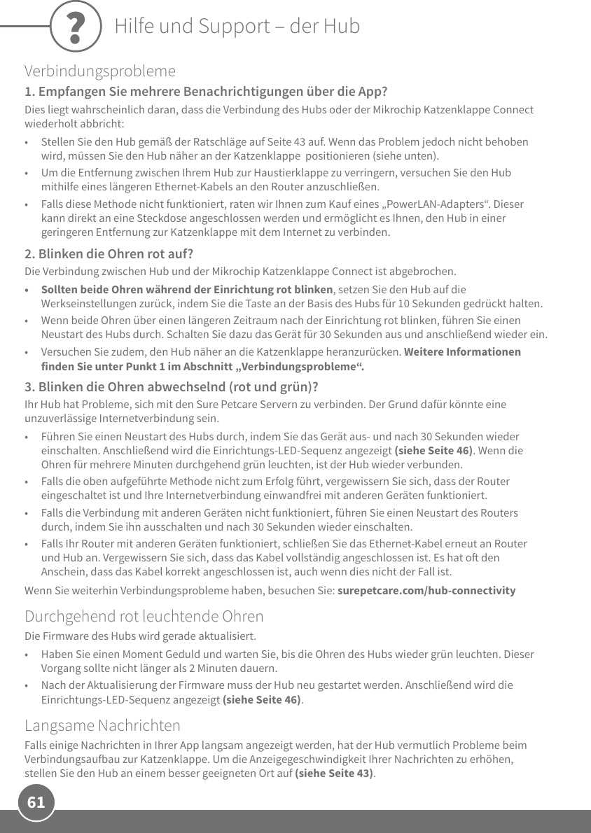 61Verbindungsprobleme 1. Empfangen Sie mehrere Benachrichtigungen über die App?Dies liegt wahrscheinlich daran, dass die Verbindung des Hubs oder der Mikrochip Katzenklappe Connect wiederholt abbricht:•  Stellen Sie den Hub gemäß der Ratschläge auf Seite 43 auf. Wenn das Problem jedoch nicht behoben wird, müssen Sie den Hub näher an der Katzenklappe  positionieren (siehe unten). •  Um die Entfernung zwischen Ihrem Hub zur Haustierklappe zu verringern, versuchen Sie den Hub mithilfe eines längeren Ethernet-Kabels an den Router anzuschließen. •  Falls diese Methode nicht funktioniert, raten wir Ihnen zum Kauf eines „PowerLAN-Adapters“. Dieser kann direkt an eine Steckdose angeschlossen werden und ermöglicht es Ihnen, den Hub in einer geringeren Entfernung zur Katzenklappe mit dem Internet zu verbinden.2. Blinken die Ohren rot auf?Die Verbindung zwischen Hub und der Mikrochip Katzenklappe Connect ist abgebrochen. •  Sollten beide Ohren während der Einrichtung rot blinken, setzen Sie den Hub auf die Werkseinstellungen zurück, indem Sie die Taste an der Basis des Hubs für 10 Sekunden gedrückt halten. •  Wenn beide Ohren über einen längeren Zeitraum nach der Einrichtung rot blinken, führen Sie einen Neustart des Hubs durch. Schalten Sie dazu das Gerät für 30 Sekunden aus und anschließend wieder ein. •  Versuchen Sie zudem, den Hub näher an die Katzenklappe heranzurücken. Weitere Informationen finden Sie unter Punkt 1 im Abschnitt „Verbindungsprobleme“.3. Blinken die Ohren abwechselnd (rot und grün)?Ihr Hub hat Probleme, sich mit den Sure Petcare Servern zu verbinden. Der Grund dafür könnte eine unzuverlässige Internetverbindung sein.•  Führen Sie einen Neustart des Hubs durch, indem Sie das Gerät aus- und nach 30 Sekunden wieder einschalten. Anschließend wird die Einrichtungs-LED-Sequenz angezeigt (siehe Seite 46). Wenn die Ohren für mehrere Minuten durchgehend grün leuchten, ist der Hub wieder verbunden.•  Falls die oben aufgeführte Methode nicht zum Erfolg führt, vergewissern Sie sich, dass der Router eingeschaltet ist und Ihre Internetverbindung einwandfrei mit anderen Geräten funktioniert.•  Falls die Verbindung mit anderen Geräten nicht funktioniert, führen Sie einen Neustart des Routers durch, indem Sie ihn ausschalten und nach 30 Sekunden wieder einschalten. •  Falls Ihr Router mit anderen Geräten funktioniert, schließen Sie das Ethernet-Kabel erneut an Router und Hub an. Vergewissern Sie sich, dass das Kabel vollständig angeschlossen ist. Es hat o den Anschein, dass das Kabel korrekt angeschlossen ist, auch wenn dies nicht der Fall ist.Wenn Sie weiterhin Verbindungsprobleme haben, besuchen Sie: surepetcare.com/hub-connectivityDurchgehend rot leuchtende OhrenDie Firmware des Hubs wird gerade aktualisiert.   •  Haben Sie einen Moment Geduld und warten Sie, bis die Ohren des Hubs wieder grün leuchten. Dieser Vorgang sollte nicht länger als 2 Minuten dauern.•  Nach der Aktualisierung der Firmware muss der Hub neu gestartet werden. Anschließend wird die Einrichtungs-LED-Sequenz angezeigt (siehe Seite 46).Langsame NachrichtenFalls einige Nachrichten in Ihrer App langsam angezeigt werden, hat der Hub vermutlich Probleme beim Verbindungsaufbau zur Katzenklappe. Um die Anzeigegeschwindigkeit Ihrer Nachrichten zu erhöhen, stellen Sie den Hub an einem besser geeigneten Ort auf (siehe Seite 43). ?Hilfe und Support – der Hub