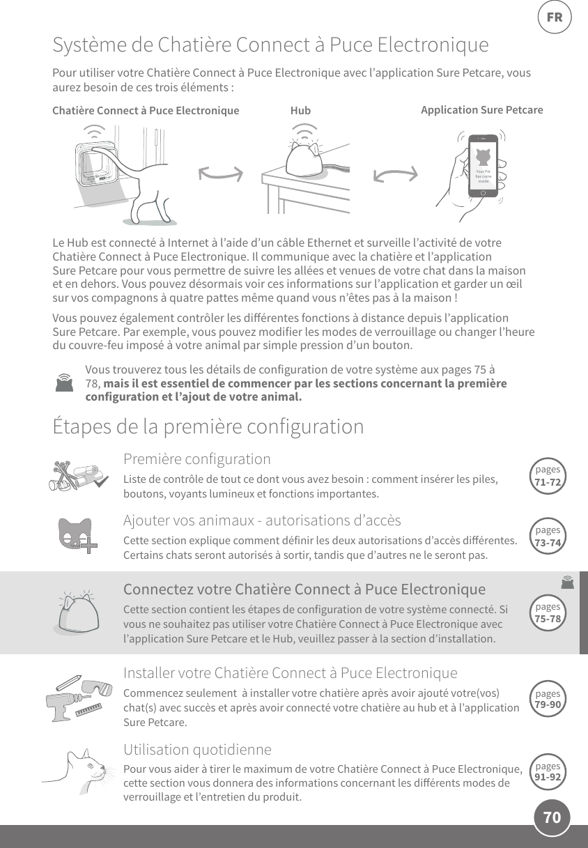 70FRYour Pethas comeinsideChatière Connect à Puce Electronique Hub  Application SurePetcareLe Hub est connecté à Internet à l’aide d’un câbleEthernet et surveille l’activité de votre Chatière Connect à Puce Electronique. Il communique avec la chatière et l’application SurePetcare pour vous permettre de suivre les allées et venues de votre chat dans la maison et en dehors. Vous pouvez désormais voir ces informations sur l’application et garder un œil sur vos compagnons à quatre pattes même quand vous n’êtes pas à la maison!Vous pouvez également contrôler les diérentes fonctions à distance depuis l’application SurePetcare. Par exemple, vous pouvez modifier les modes de verrouillage ou changer l’heure du couvre-feu imposé à votre animal par simple pression d’un bouton.Vous trouverez tous les détails de configuration de votre système aux pages75 à 78, mais il est essentiel de commencer par les sections concernant la première configuration et l’ajout de votre animal.Étapes de la première configurationUtilisation quotidiennePour vous aider à tirer le maximum de votre Chatière Connect à Puce Electronique, cette section vous donnera des informations concernant les diérents modes de verrouillage et l’entretien du produit.  pages 91-92Système de Chatière Connect à Puce ElectroniqueInstaller votre Chatière Connect à Puce ElectroniqueCommencez seulement  à installer votre chatière après avoir ajouté votre(vos) chat(s) avec succès et après avoir connecté votre chatière au hub et à l’application Sure Petcare.pages 79-90Connectez votre Chatière Connect à Puce ElectroniqueCette section contient les étapes de configuration de votre système connecté. Si vous ne souhaitez pas utiliser votre Chatière Connect à Puce Electronique avec  l’application Sure Petcare et le Hub, veuillez passer à la section d’installation.pages 75-78Première configurationListe de contrôle de tout ce dont vous avez besoin: comment insérer les piles, boutons, voyants lumineux et fonctions importantes.pages 71-72Pour utiliser votre Chatière Connect à Puce Electronique avec l’application Sure Petcare, vous aurez besoin de ces trois éléments :pages 73-74Ajouter vos animaux - autorisations d’accèsCette section explique comment définir les deux autorisations d’accès diérentes. Certains chats seront autorisés à sortir, tandis que d’autres ne le seront pas. 