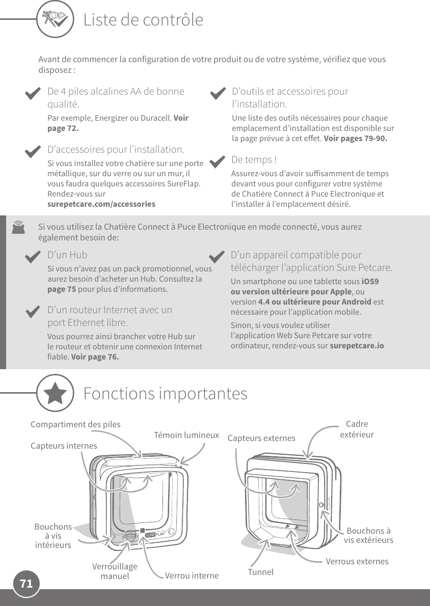 71Fonctions importantesCapteurs externesCompartiment des pilesTémoin lumineuxBouchons à vis intérieursBouchons à vis extérieursCadre extérieurAvant de commencer la configuration de votre produit ou de votre système, vérifiez que vous disposez: De temps!Assurez-vous d’avoir suisamment de temps devant vous pour configurer votre système de Chatière Connect à Puce Electronique et l’installer à l’emplacement désiré.D’accessoires pour l’installation.Si vous installez votre chatière sur une porte métallique, sur du verre ou sur un mur, il vous faudra quelques accessoires SureFlap. Rendez-vous sur surepetcare.com/accessoriesD’un routeur Internet avec un portEthernet libre.  Vous pourrez ainsi brancher votre Hub sur le routeur et obtenir une connexionInternet fiable. Voir page76.D’un appareil compatible pour télécharger l’application SurePetcare. Un smartphone ou une tablette sous iOS9 ou version ultérieure pour Apple, ou version4.4 ou ultérieure pour Android est nécessaire pour l’application mobile. Sinon, si vous voulez utiliser l’applicationWeb SurePetcare sur votre ordinateur, rendez-vous sur surepetcare.io De 4piles alcalines AA de bonne qualité. Par exemple, Energizer ou Duracell. Voir page72.D’outils et accessoires pour l’installation.Une liste des outils nécessaires pour chaque emplacement d’installation est disponible sur la page prévue à cet eet. Voir pages79-90.Liste de contrôleVerrous externesCapteurs internesD’un HubSi vous n’avez pas un pack promotionnel, vous aurez besoin d’acheter un Hub. Consultez la page75 pour plus d’informations.Si vous utilisez la Chatière Connect à Puce Electronique en mode connecté, vous aurez également besoin de:TunnelVerrou interneVerrouillage manuel