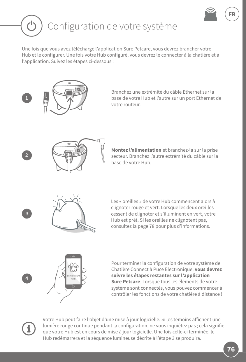 76FRUne fois que vous avez téléchargé l’application SurePetcare, vous devrez brancher votre Hub et le configurer. Une fois votre Hub configuré, vous devrez le connecter à la chatière et à l’application. Suivez les étapes ci-dessous: Pour terminer la configuration de votre système de Chatière Connect à Puce Electronique, vous devrez suivre les étapes restantes sur l’application SurePetcare. Lorsque tous les éléments de votre système sont connectés, vous pouvez commencer à contrôler les fonctions de votre chatière à distance!4Votre Hub peut faire l’objet d’une mise à jour logicielle. Si les témoins aichent une lumière rouge continue pendant la configuration, ne vous inquiétez pas; cela signifie que votre Hub est en cours de mise à jour logicielle. Une fois celle-ci terminée, le Hub redémarrera et la séquence lumineuse décrite à l’étape3 se produira.Branchez une extrémité du câbleEthernet sur la base de votre Hub et l’autre sur un portEthernet de votre routeur.1Configuration de votre système2Montez l’alimentation et branchez-la sur la prise secteur. Branchez l’autre extrémité du câble sur la base de votre Hub. 3Les «oreilles» de votre Hub commencent alors à clignoter rouge et vert. Lorsque les deux oreilles cessent de clignoter et s’illuminent en vert, votre Hub est prêt. Si les oreilles ne clignotent pas, consultez la page78 pour plus d’informations.