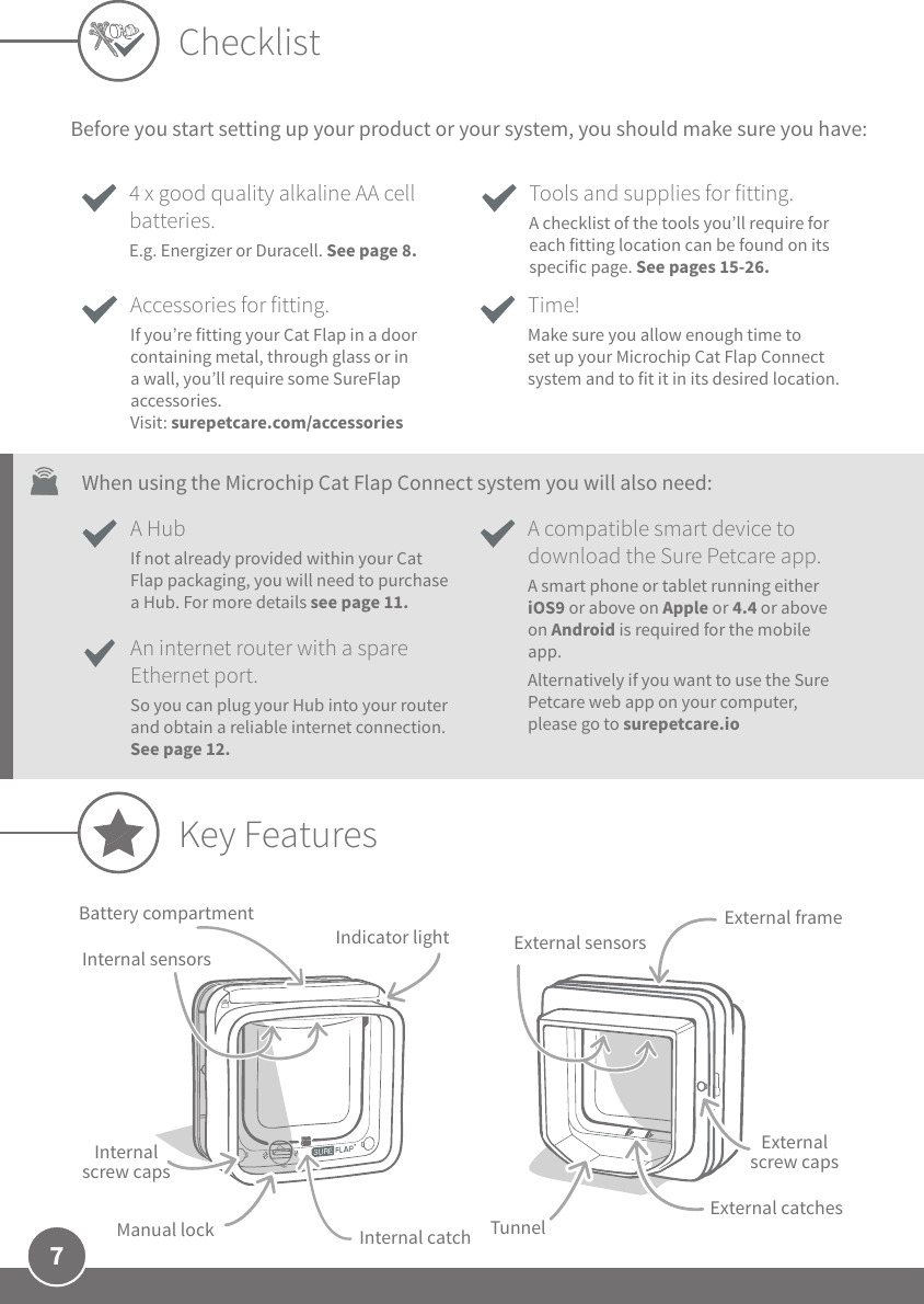 7Key FeaturesExternal sensorsBattery compartmentManual lock Internal catchIndicator lightInternal screw capsTunnelExternal screw capsExternal frameBefore you start setting up your product or your system, you should make sure you have: Time!Make sure you allow enough time to set up your Microchip Cat Flap Connect system and to fit it in its desired location. Accessories for fitting.If you’re fitting your Cat Flap in a door containing metal, through glass or in a wall, you’ll require some SureFlap accessories. Visit: surepetcare.com/accessoriesAn internet router with a spare Ethernet port. So you can plug your Hub into your router and obtain a reliable internet connection. See page 12.A compatible smart device to download the Sure Petcare app. A smart phone or tablet running either iOS9 or above on Apple or 4.4 or above on Android is required for the mobile app. Alternatively if you want to use the Sure Petcare web app on your computer, please go to surepetcare.io 4 x good quality alkaline AA cell batteries. E.g. Energizer or Duracell. See page 8.Tools and supplies for fitting.A checklist of the tools you’ll require for each fitting location can be found on its specific page. See pages 15-26.ChecklistExternal catchesInternal sensorsA HubIf not already provided within your Cat Flap packaging, you will need to purchase a Hub. For more details see page 11.When using the Microchip Cat Flap Connect system you will also need: