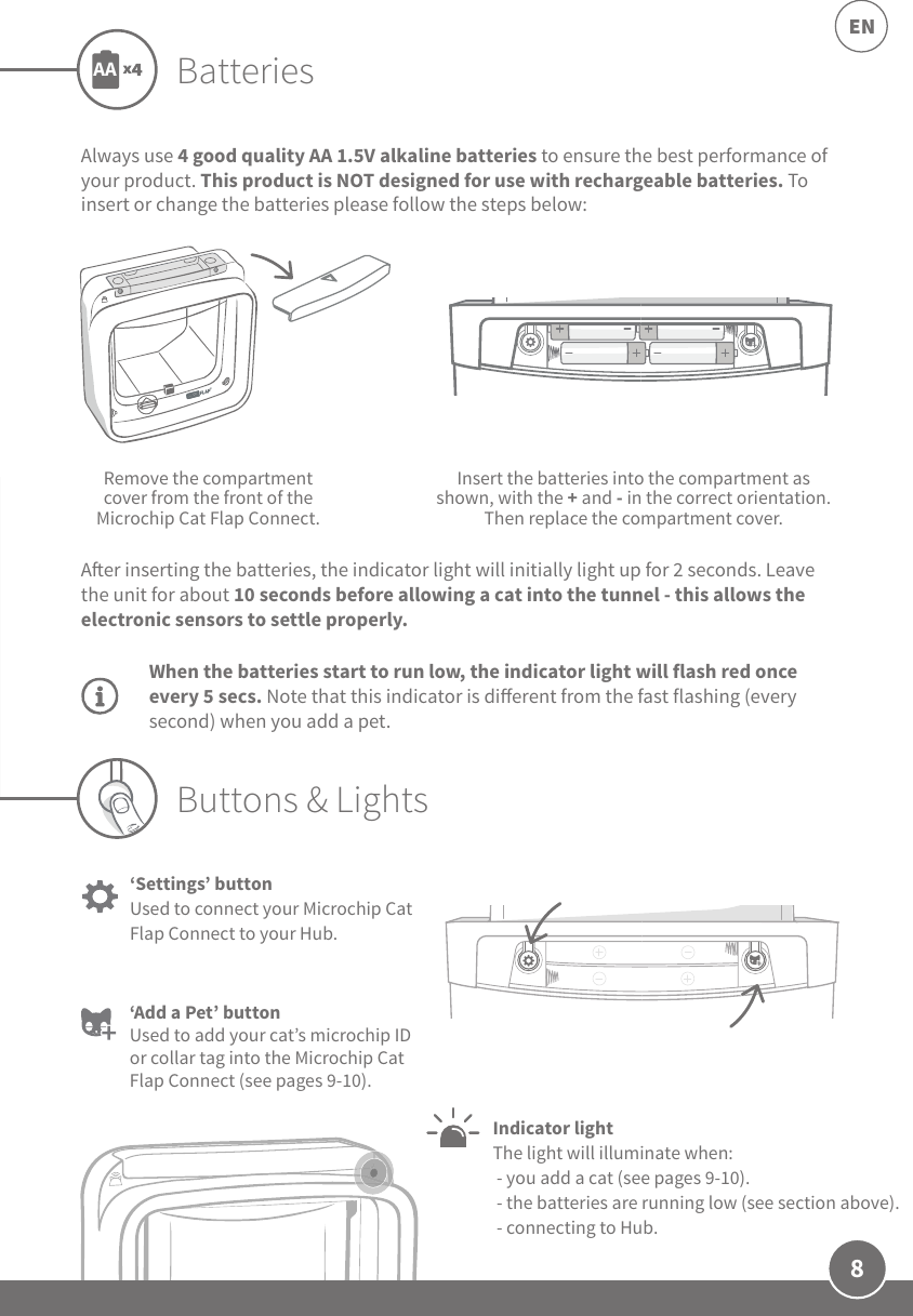 8ENBatteriesAlways use 4 good quality AA 1.5V alkaline batteries to ensure the best performance of your product. This product is NOT designed for use with rechargeable batteries. To insert or change the batteries please follow the steps below:Remove the compartment cover from the front of the Microchip Cat Flap Connect.Insert the batteries into the compartment as shown, with the + and - in the correct orientation. Then replace the compartment cover.AAWhen the batteries start to run low, the indicator light will flash red once every 5 secs. Note that this indicator is dierent from the fast flashing (every second) when you add a pet.Aer inserting the batteries, the indicator light will initially light up for 2 seconds. Leave the unit for about 10 seconds before allowing a cat into the tunnel - this allows the electronic sensors to settle properly.‘Add a Pet’ button Used to add your cat’s microchip ID or collar tag into the Microchip Cat Flap Connect (see pages 9-10).‘Settings’ button Used to connect your Microchip Cat Flap Connect to your Hub.Indicator light The light will illuminate when: - you add a cat (see pages 9-10).  - the batteries are running low (see section above). - connecting to Hub.Buttons &amp; Lights