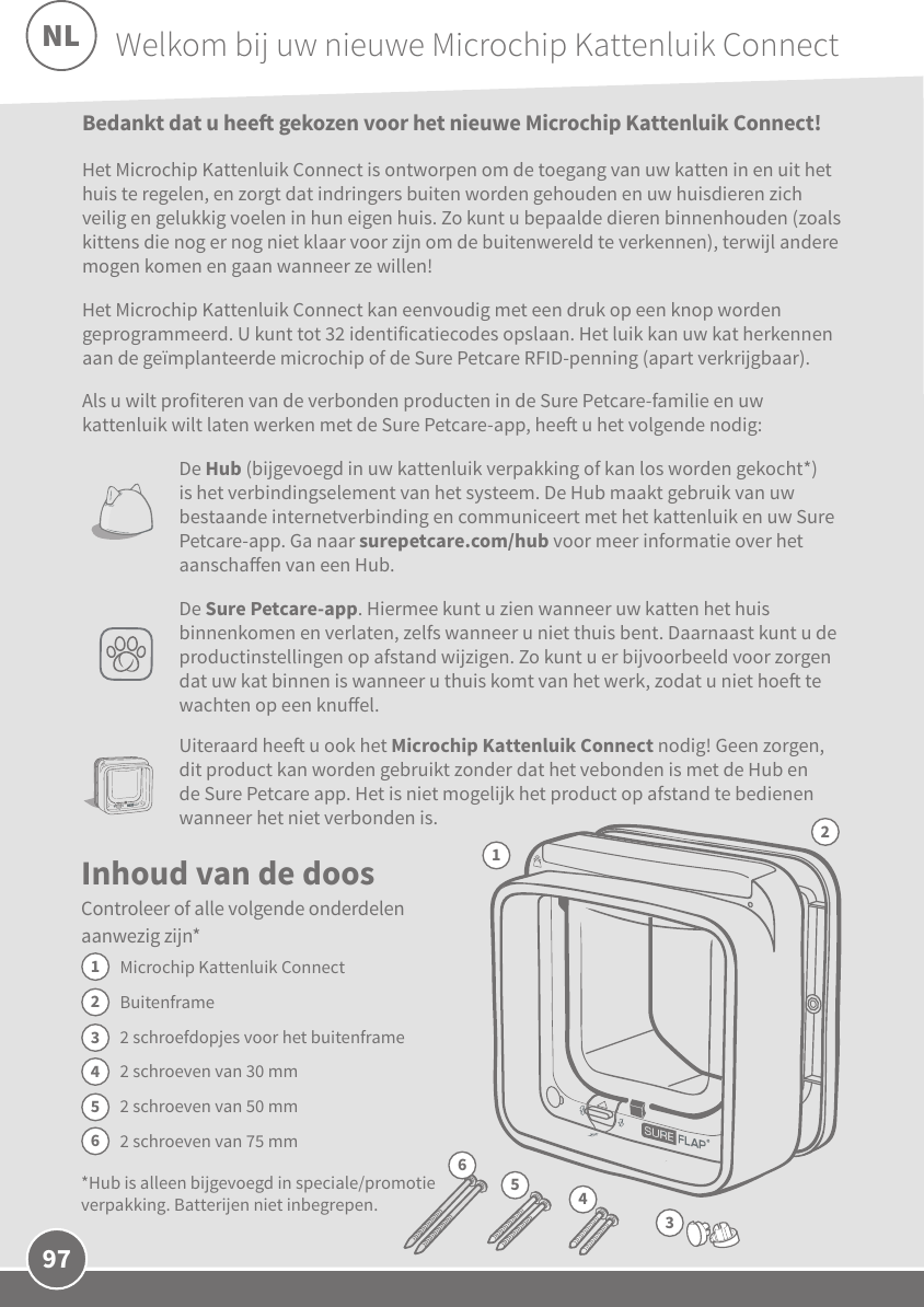 97Inhoud van de doosControleer of alle volgende onderdelen aanwezig zijn* Microchip Kattenluik ConnectBuitenframe2 schroefdopjes voor het buitenframe 2 schroeven van 30 mm2 schroeven van 50 mm2 schroeven van 75 mm*Hub is alleen bijgevoegd in speciale/promotie verpakking. Batterijen niet inbegrepen.1234563Bedankt dat u hee gekozen voor het nieuwe Microchip Kattenluik Connect! Het Microchip Kattenluik Connect is ontworpen om de toegang van uw katten in en uit het huis te regelen, en zorgt dat indringers buiten worden gehouden en uw huisdieren zich veilig en gelukkig voelen in hun eigen huis. Zo kunt u bepaalde dieren binnenhouden (zoals kittens die nog er nog niet klaar voor zijn om de buitenwereld te verkennen), terwijl andere mogen komen en gaan wanneer ze willen! Het Microchip Kattenluik Connect kan eenvoudig met een druk op een knop worden geprogrammeerd. U kunt tot 32 identificatiecodes opslaan. Het luik kan uw kat herkennen aan de geïmplanteerde microchip of de Sure Petcare RFID-penning (apart verkrijgbaar). Als u wilt profiteren van de verbonden producten in de Sure Petcare-familie en uw kattenluik wilt laten werken met de Sure Petcare-app, hee u het volgende nodig:De Hub (bijgevoegd in uw kattenluik verpakking of kan los worden gekocht*) is het verbindingselement van het systeem. De Hub maakt gebruik van uw bestaande internetverbinding en communiceert met het kattenluik en uw Sure Petcare-app. Ga naar surepetcare.com/hub voor meer informatie over het aanschaen van een Hub.De Sure Petcare-app. Hiermee kunt u zien wanneer uw katten het huis binnenkomen en verlaten, zelfs wanneer u niet thuis bent. Daarnaast kunt u de productinstellingen op afstand wijzigen. Zo kunt u er bijvoorbeeld voor zorgen dat uw kat binnen is wanneer u thuis komt van het werk, zodat u niet hoe te wachten op een knuel. Uiteraard hee u ook het Microchip Kattenluik Connect nodig! Geen zorgen, dit product kan worden gebruikt zonder dat het vebonden is met de Hub en de Sure Petcare app. Het is niet mogelijk het product op afstand te bedienen wanneer het niet verbonden is.12654Welkom bij uw nieuwe Microchip Kattenluik ConnectNL