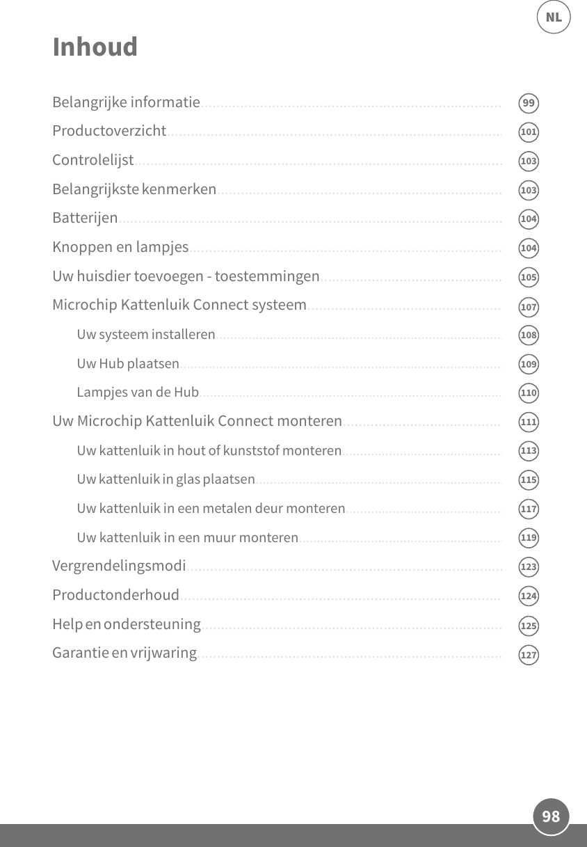 98NLBelangrijke informatie.................................................................................Productoverzicht.........................................................................................Controlelijst................................................................................................. Belangrijkste kenmerken.............................................................................Batterijen.....................................................................................................Knoppen en lampjes....................................................................................Uw huisdier toevoegen - toestemmingen...................................................Microchip Kattenluik Connect systeem......................................................Uw systeem installeren.....................................................................................Uw Hub plaatsen...............................................................................................Lampjes van de Hub.........................................................................................Uw Microchip Kattenluik Connect monteren.............................................Uw kattenluik in hout of kunststof monteren..................................................Uw kattenluik in glas plaatsen..........................................................................Uw kattenluik in een metalen deur monteren.................................................Uw kattenluik in een muur monteren..............................................................Vergrendelingsmodi....................................................................................Productonderhoud......................................................................................Help en ondersteuning.................................................................................Garantie en vrijwaring..................................................................................Inhoud10410710810911111711511912312510310399124127104101105110113