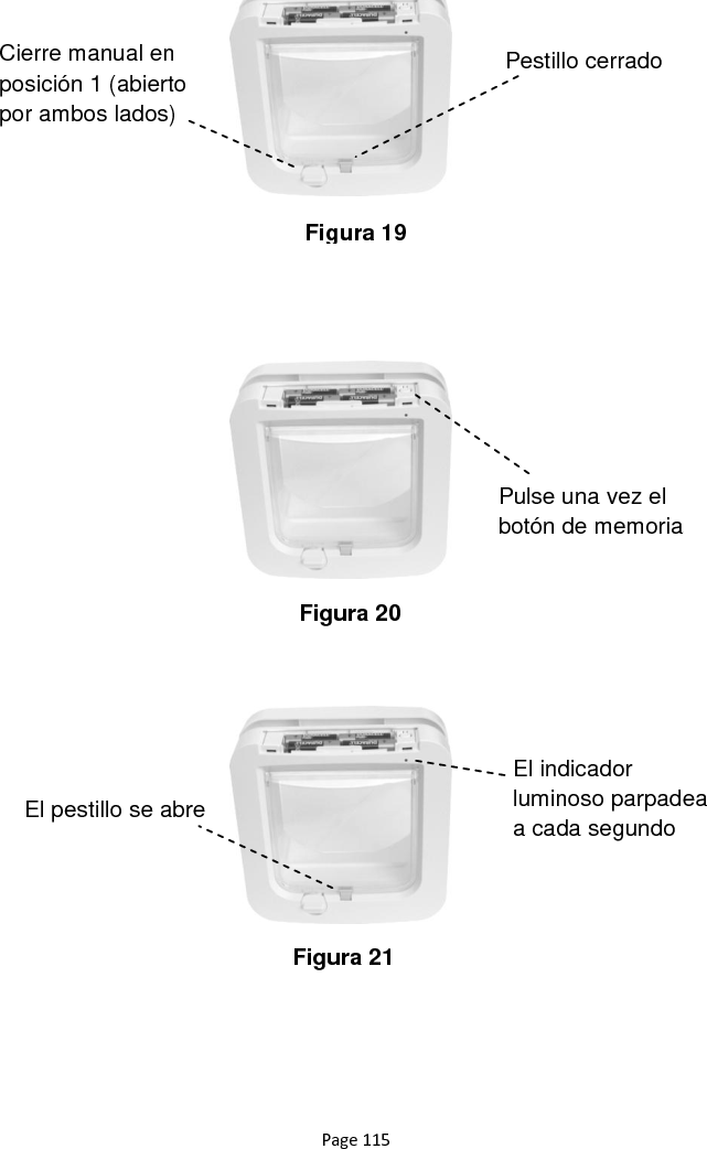 Page 115                                Figura 19 Figura 20 Figura 21 Pestillo cerrado Cierre manual en posición 1 (abierto por ambos lados) El pestillo se abre El indicador luminoso parpadea a cada segundo Pulse una vez el botón de memoria 