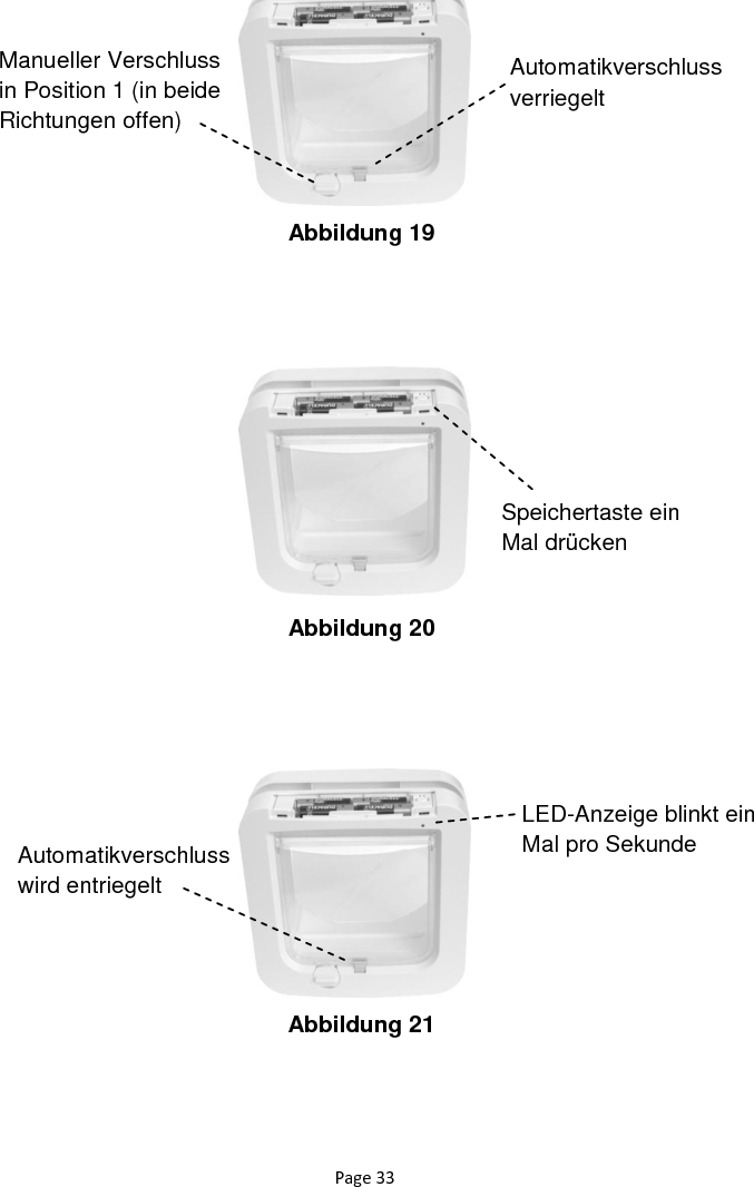 Page 33                                Abbildung 19 Abbildung 20 Abbildung 21 Automatikverschluss verriegelt Manueller Verschluss in Position 1 (in beide Richtungen offen) Automatikverschluss wird entriegelt LED-Anzeige blinkt ein Mal pro Sekunde Speichertaste ein Mal drücken 