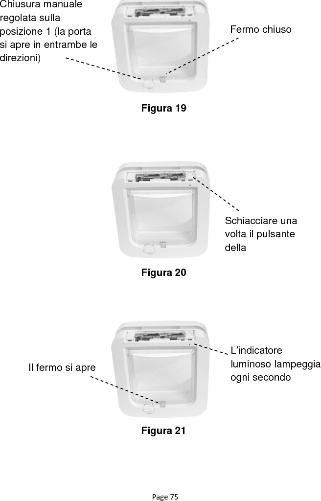 Page 75                                Figura 19 Figura 20 Figura 21 Fermo chiuso Chiusura manuale regolata sulla posizione 1 (la porta si apre in entrambe le direzioni) Il fermo si apre L‟indicatore luminoso lampeggia ogni secondo Schiacciare una volta il pulsante della  