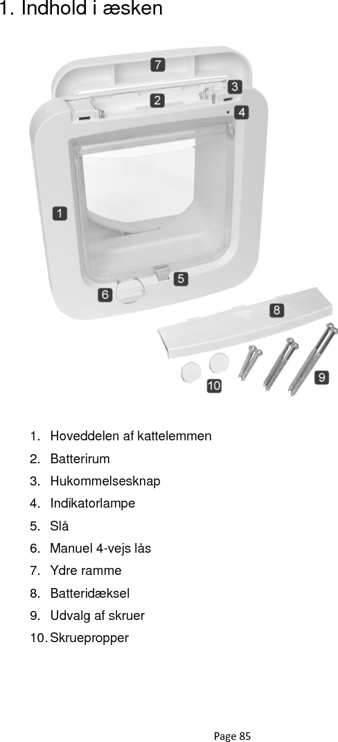 Page 85 1. Indhold i æsken            1.  Hoveddelen af kattelemmen 2.  Batterirum 3.  Hukommelsesknap 4.  Indikatorlampe  5.  Slå 6.  Manuel 4-vejs lås 7.  Ydre ramme 8.  Batteridæksel 9.  Udvalg af skruer 10. Skruepropper 