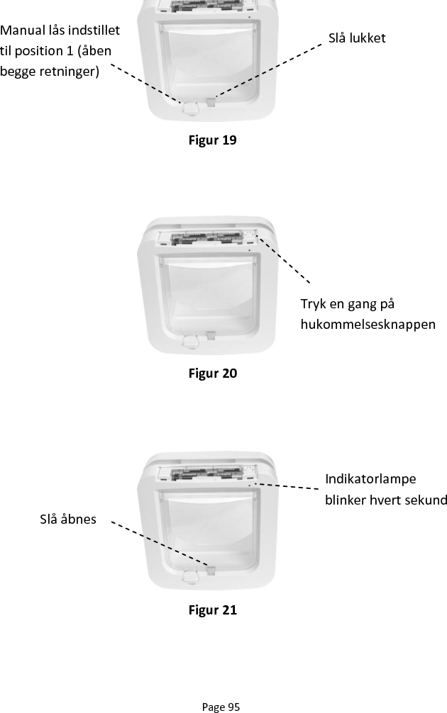 Page 95                    Figur 19 Slå lukket Manual lås indstillet til position 1 (åben begge retninger) Figur 20 Tryk en gang på hukommelsesknappen Figur 21 Slå åbnes Indikatorlampe blinker hvert sekund 