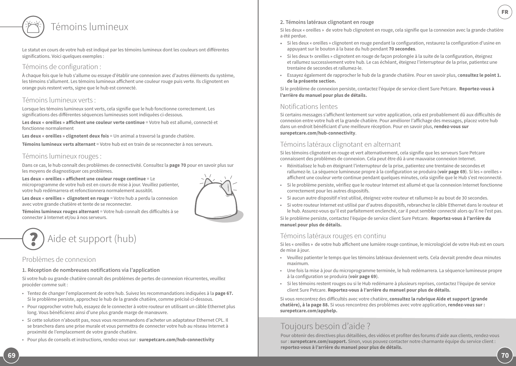 70FR69Le statut en cours de votre hub est indiqué par les témoins lumineux dont les couleurs ont diérentes significations. Voici quelques exemples:Témoins de configuration:À chaque fois que le hub s’allume ou essaye d’établir une connexion avec d’autres éléments du système, les témoins s’allument. Les témoins lumineux aichent une couleur rouge puis verte. Ils clignotent en orange puis restent verts, signe que le hub est connecté. Témoins lumineux verts:Lorsque les témoins lumineux sont verts, cela signifie que le hub fonctionne correctement. Les significations des diérentes séquences lumineuses sont indiquées ci-dessous. Les deux «oreilles» aichent une couleur verte continue =Votre hub est allumé, connecté et fonctionne normalementLes deux «oreilles» clignotent deux fois =Un animal a traversé la grande chatière. Témoins lumineux verts alternant =Votre hub est en train de se reconnecter à nos serveurs.Témoins lumineux rouges:Dans ce cas, le hub connaît des problèmes de connectivité. Consultez la page70 pour en savoir plus sur les moyens de diagnostiquer ces problèmes.Les deux «oreilles» aichent une couleur rouge continue =Le microprogramme de votre hub est en cours de mise à jour. Veuillez patienter, votre hub redémarrera et refonctionnera normalement aussitôt.Les deux «oreilles»  clignotent en rouge =Votre hub a perdu la connexion avec votre grande chatière et tente de se reconnecter.Témoins lumineux rouges alternant =Votre hub connaît des diicultés à se connecter à Internet et/ou à nos serveurs.Problèmes de connexion  1. Réception de nombreuses notifications via l’applicationSi votre hub ou grande chatière connaît des problèmes de pertes de connexion récurrentes, veuillez procéder comme suit:•  Tentez de changer l’emplacement de votre hub. Suivez les recommandations indiquées à la page67. Si le problème persiste, approchez le hub de la grande chatière, comme précisé ci-dessous. •  Pour rapprocher votre hub, essayez de le connecter à votre routeur en utilisant un câble Ethernet plus long. Vous bénéficierez ainsi d’une plus grande marge de manœuvre.•  Si cette solution n’aboutit pas, nous vous recommandons d’acheter un adaptateur Ethernet CPL. Il se branchera dans une prise murale et vous permettra de connecter votre hub au réseau Internet à proximité de l’emplacement de votre grande chatière.•  Pour plus de conseils et instructions, rendez-vous sur: surepetcare.com/hub-connectivityTémoins lumineuxToujours besoin d’aide?Pour obtenir des directives plus détaillées, des vidéos et profiter des forums d’aide aux clients, rendez-vous sur: surepetcare.com/support. Sinon, vous pouvez contacter notre charmante équipe du service client : reportez-vous à l’arrière du manuel pour plus de détails.Aide et support (hub)?2. Témoins latéraux clignotant en rougeSi les deux «oreilles»  de votre hub clignotent en rouge, cela signifie que la connexion avec la grande chatière a été perdue. •  Si les deux «oreilles» clignotent en rouge pendant la configuration, restaurez la configuration d’usine en appuyant sur le bouton à la base du hub pendant 70secondes. •  Si les deux t«oreilles» clignotent en rouge de façon prolongée à la suite de la configuration, éteignez et rallumez successivement votre hub. Le cas échéant, éteignez l’interrupteur de la prise, patientez une trentaine de secondes et rallumez-le. •  Essayez également de rapprocher le hub de la grande chatière. Pour en savoir plus, consultez le point 1. de la présente section.Si le problème de connexion persiste, contactez l’équipe de service client Sure Petcare.  Reportez-vous à l’arrière du manuel pour plus de détails.Notifications lentesSi certains messages s’aichent lentement sur votre application, cela est probablement dû aux diicultés de connexion entre votre hub et la grande chatière. Pour améliorer l’aichage des messages, placez votre hub dans un endroit bénéficiant d’une meilleure réception. Pour en savoir plus, rendez-vous sur surepetcare.com/hub-connectivity.Témoins latéraux clignotant en alternantSi les témoins clignotent en rouge et vert alternativement, cela signifie que les serveurs Sure Petcare connaissent des problèmes de connexion. Cela peut être dû à une mauvaise connexion Internet.•  Réinitialisez le hub en éteignant l’interrupteur de la prise, patientez une trentaine de secondes et rallumez-le. La séquence lumineuse propre à la configuration se produira (voir page69). Si les «oreilles» aichent une couleur verte continue pendant quelques minutes, cela signifie que le Hub s’est reconnecté.•  Si le problème persiste, vérifiez que le routeur Internet est allumé et que la connexion Internet fonctionne correctement pour les autres dispositifs.•  Si aucun autre dispositif n’est utilisé, éteignez votre routeur et rallumez-le au bout de 30secondes.•  Si votre routeur Internet est utilisé par d’autres dispositifs, rebranchez le câble Ethernet dans le routeur et le hub. Assurez-vous qu’il est parfaitement enclenché, car il peut sembler connecté alors qu’il ne l’est pas. Si le problème persiste, contactez l’équipe de service client Sure Petcare.  Reportez-vous à l’arrière du manuel pour plus de détails.Témoins latéraux rouges en continuSi les «oreilles»  de votre hub aichent une lumière rouge continue, le micrologiciel de votre Hub est en cours de mise à jour.  •  Veuillez patienter le temps que les témoins latéraux deviennent verts. Cela devrait prendre deux minutes maximum.•  Une fois la mise à jour du microprogramme terminée, le hub redémarrera. La séquence lumineuse propre à la configuration se produira (voir page69).•  Si les témoins restent rouges ou si le Hub redémarre à plusieurs reprises, contactez l’équipe de service client Sure Petcare. Reportez-vous à l’arrière du manuel pour plus de détails.Si vous rencontrez des diicultés avec votre chatière, consultez la rubrique Aide et support (grande chatière), à la page 88. Si vous rencontrez des problèmes avec votre application, rendez-vous sur: surepetcare.com/apphelp.