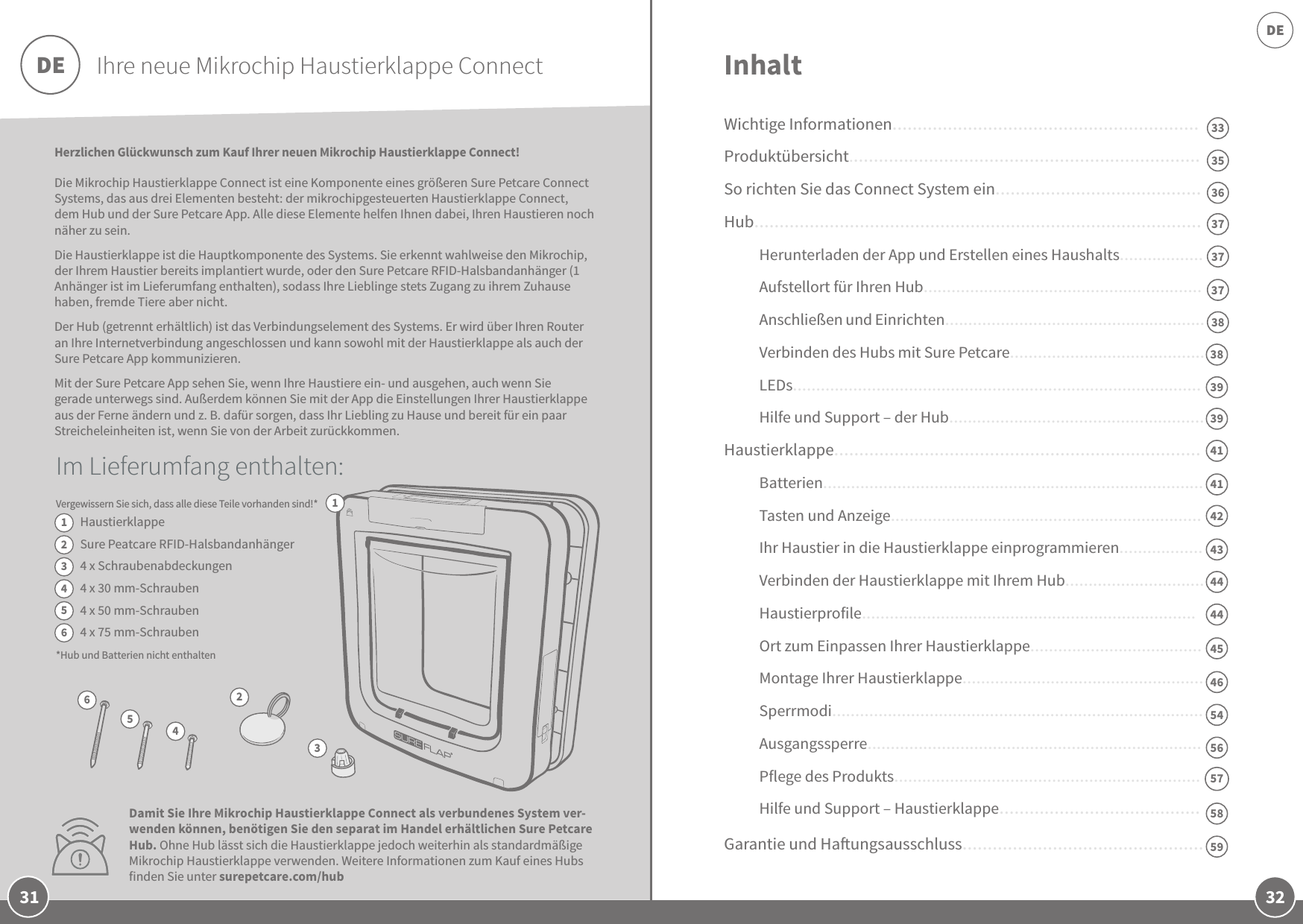 32DE31Herzlichen Glückwunsch zum Kauf Ihrer neuen Mikrochip Haustierklappe Connect! Die Mikrochip Haustierklappe Connect ist eine Komponente eines größeren Sure Petcare Connect Systems, das aus drei Elementen besteht: der mikrochipgesteuerten Haustierklappe Connect, dem Hub und der Sure Petcare App. Alle diese Elemente helfen Ihnen dabei, Ihren Haustieren noch näher zu sein. Die Haustierklappe ist die Hauptkomponente des Systems. Sie erkennt wahlweise den Mikrochip, der Ihrem Haustier bereits implantiert wurde, oder den Sure Petcare RFID-Halsbandanhänger (1 Anhänger ist im Lieferumfang enthalten), sodass Ihre Lieblinge stets Zugang zu ihrem Zuhause haben, fremde Tiere aber nicht. Der Hub (getrennt erhältlich) ist das Verbindungselement des Systems. Er wird über Ihren Router an Ihre Internetverbindung angeschlossen und kann sowohl mit der Haustierklappe als auch der Sure Petcare App kommunizieren. Mit der Sure Petcare App sehen Sie, wenn Ihre Haustiere ein- und ausgehen, auch wenn Sie gerade unterwegs sind. Außerdem können Sie mit der App die Einstellungen Ihrer Haustierklappe aus der Ferne ändern und z.B. dafür sorgen, dass Ihr Liebling zu Hause und bereit für ein paar Streicheleinheiten ist, wenn Sie von der Arbeit zurückkommen.InhaltWichtige Informationen.............................................................Produktübersicht......................................................................So richten Sie das Connect System ein.........................................Hub.........................................................................................Herunterladen der App und Erstellen eines Haushalts..................Aufstellort für Ihren Hub............................................................Anschließen und Einrichten........................................................Verbinden des Hubs mit Sure Petcare..........................................LEDs........................................................................................Hilfe und Support – der Hub.......................................................Haustierklappe.........................................................................Batterien..................................................................................Tasten und Anzeige...................................................................Ihr Haustier in die Haustierklappe einprogrammieren..................Verbinden der Haustierklappe mit Ihrem Hub..............................Haustierprofile........................................................................Ort zum Einpassen Ihrer Haustierklappe.....................................Montage Ihrer Haustierklappe....................................................Sperrmodi................................................................................Ausgangssperre........................................................................Pflege des Produkts..................................................................Hilfe und Support – Haustierklappe........................................Garantie und Haungsausschluss................................................Ihre neue Mikrochip Haustierklappe ConnectIm Lieferumfang enthalten:Vergewissern Sie sich, dass alle diese Teile vorhanden sind!* HaustierklappeSure Peatcare RFID-Halsbandanhänger4 x Schraubenabdeckungen 4 x 30mm-Schrauben4 x 50mm-Schrauben4 x 75mm-Schrauben*Hub und Batterien nicht enthalten3336353737373838393941414244444345465456DE12345623456575859Damit Sie Ihre Mikrochip Haustierklappe Connect als verbundenes System ver-wenden können, benötigen Sie den separat im Handel erhältlichen Sure Petcare Hub. Ohne Hub lässt sich die Haustierklappe jedoch weiterhin als standardmäßige Mikrochip Haustierklappe verwenden. Weitere Informationen zum Kauf eines Hubs finden Sie unter surepetcare.com/hub1