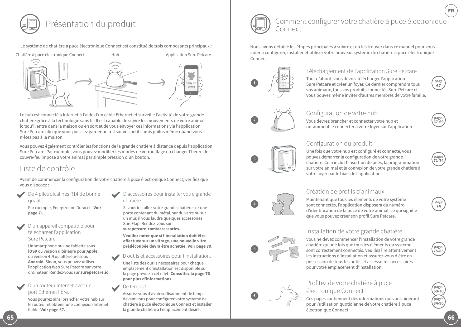 65 66FRLe système de chatière à puce électronique Connect est constitué de trois composants principaux:               Le hub est connecté à Internet à l’aide d’un câbleEthernet et surveille l’activité de votre grande chatière grâce à la technologie sans fil. Il est capable de suivre les mouvements de votre animal lorsqu’il entre dans la maison ou en sort et de vous envoyer ces informations via l’application SurePetcare afin que vous puissiez garder un œil sur vos petits amis poilus même quand vous n’êtes pas à la maison.Vous pouvez également contrôler les fonctions de la grande chatière à distance depuis l’application SurePetcare. Par exemple, vous pouvez modifier les modes de verrouillage ou changer l’heure de couvre-feu imposé à votre animal par simple pression d’un bouton.Présentation du produitAvant de commencer la configuration de votre chatière à puce électronique Connect, vérifiez que vous disposez:De temps!Assurez-vous d’avoir suisamment de temps devant vous pour configurer votre système de chatière à puce électronique Connect et installer la grande chatière à l’emplacement désiré. D’accessoires pour installer votre grande chatière.Si vous installez votre grande chatière sur une porte contenant du métal, sur du verre ou sur un mur, il vous faudra quelques accessoires SureFlap. Rendez-vous sur surepetcare.com/accessories. Veuillez noter que si l’installation doit être eectuée sur un vitrage, une nouvelle vitre prédécoupée devra être achetée. Voir page79.D’un routeur Internet avec un portEthernet libre. Vous pourrez ainsi brancher votre hub sur le routeur et obtenir une connexionInternet fiable. Voir page67.D’un appareil compatible pour télécharger l’application SurePetcare. Un smartphone ou une tablette sous iOS9 ou version ultérieure pour Apple, ou version4.4 ou ultérieure sous Android. Sinon, vous pouvez utiliser l’applicationWeb SurePetcare sur votre ordinateur. Rendez-vous sur surepetcare.ioDe 4piles alcalines R14 de bonne qualité Par exemple, Energizer ou Duracell. Voir page71.Liste de contrôleComment configurer votre chatière à puce électronique ConnectNous avons détaillé les étapes principales à suivre et où les trouver dans ce manuel pour vous aider à configurer, installer et utiliser votre nouveau système de chatière à puce électronique Connect.D’outils et accessoires pour l’installation.Une liste des outils nécessaires pour chaque emplacement d’installation est disponible sur la page prévue à cet eet. Consultez la page76 pour plus d’informations.Chatière à puce électronique ConnectConfiguration de votre hubVous devrez brancher et connecter votre hub et notamment le connecter à votre foyer sur l’application.pages 67-692Création de profils d’animauxMaintenant que tous les éléments de votre système sont connectés, l’application disposera du numéro d’identification de la puce de votre animal, ce qui signifie que vous pouvez créer son profil SurePetcare.page 744Installation de votre grande chatièreVous ne devez commencer l’installation de votre grande chatière qu’une fois que tous les éléments du système sont correctement connectés. Veuillez lire attentivement les instructions d’installation et assurez-vous d’être en possession de tous les outils et accessoires nécessaires pour votre emplacement d’installation.pages 75-835Téléchargement de l’application SurePetcareTout d’abord, vous devrez télécharger l’application SurePetcare et créer un foyer. Ce dernier comprendra tous vos animaux, tous vos produits connectés Sure Petcare et vous pouvez même inviter d’autres membres de votre famille.page 671Configuration du produitUne fois que votre hub est configuré et connecté, vous pouvez démarrer la configuration de votre grande chatière. Cela inclut l’insertion de piles, la programmation sur votre animal et la connexion de votre grande chatière à votre foyer par le biais de l’application.pages 71-743Profitez de votre chatière à puce électronique Connect!Ces pages contiennent des informations qui vous aideront pour l’utilisation quotidienne de votre chatière à puce électronique Connect.6pages 69-70 pages 84-90Hub Application SurePetcareFelix estentré