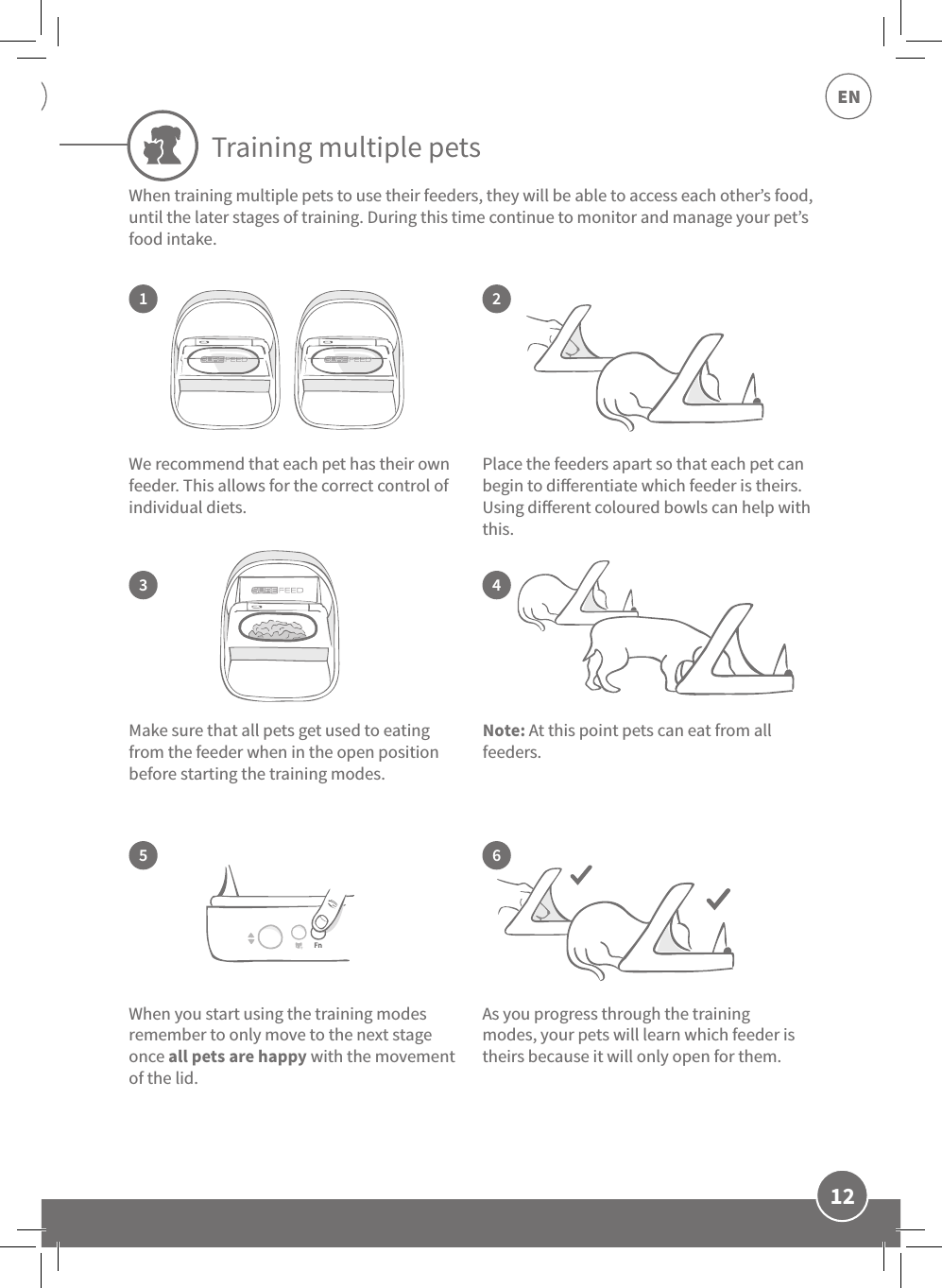 12ENTraining multiple pets13524We recommend that each pet has their own feeder. This allows for the correct control of individual diets. Make sure that all pets get used to eating from the feeder when in the open position before starting the training modes. As you progress through the training modes, your pets will learn which feeder is theirs because it will only open for them.Place the feeders apart so that each pet can begin to dierentiate which feeder is theirs. Using dierent coloured bowls can help with this. When you start using the training modes remember to only move to the next stage once all pets are happy with the movement of the lid.  6Note: At this point pets can eat from all feeders. When training multiple pets to use their feeders, they will be able to access each other’s food, until the later stages of training. During this time continue to monitor and manage your pet’s food intake. 