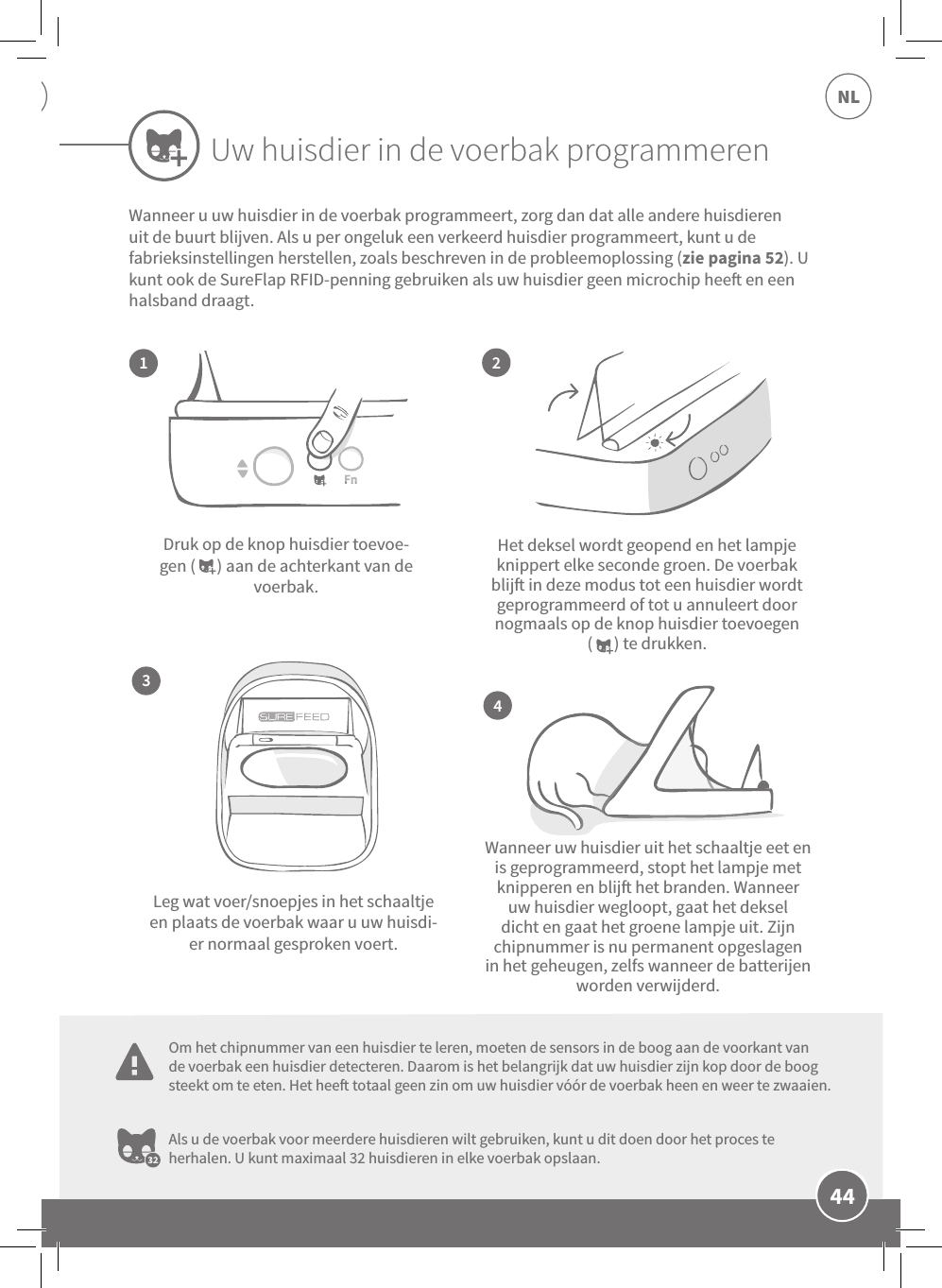 44NLHet deksel wordt geopend en het lampje knippert elke seconde groen. De voerbak blij in deze modus tot een huisdier wordt geprogrammeerd of tot u annuleert door nogmaals op de knop huisdier toevoegen (      ) te drukken.Wanneer uw huisdier uit het schaaltje eet en is geprogrammeerd, stopt het lampje met knipperen en blij het branden. Wanneer uw huisdier wegloopt, gaat het deksel dicht en gaat het groene lampje uit. Zijn chipnummer is nu permanent opgeslagen in het geheugen, zelfs wanneer de batterijen worden verwijderd.Druk op de knop huisdier toevoe-gen (      ) aan de achterkant van de voerbak.Leg wat voer/snoepjes in het schaaltje en plaats de voerbak waar u uw huisdi-er normaal gesproken voert.Als u de voerbak voor meerdere huisdieren wilt gebruiken, kunt u dit doen door het proces te herhalen. U kunt maximaal 32 huisdieren in elke voerbak opslaan.2413Wanneer u uw huisdier in de voerbak programmeert, zorg dan dat alle andere huisdieren uit de buurt blijven. Als u per ongeluk een verkeerd huisdier programmeert, kunt u de fabrieksinstellingen herstellen, zoals beschreven in de probleemoplossing (zie pagina 52). U kunt ook de SureFlap RFID-penning gebruiken als uw huisdier geen microchip hee en een halsband draagt.Uw huisdier in de voerbak programmerenOm het chipnummer van een huisdier te leren, moeten de sensors in de boog aan de voorkant van de voerbak een huisdier detecteren. Daarom is het belangrijk dat uw huisdier zijn kop door de boog steekt om te eten. Het hee totaal geen zin om uw huisdier vóór de voerbak heen en weer te zwaaien.