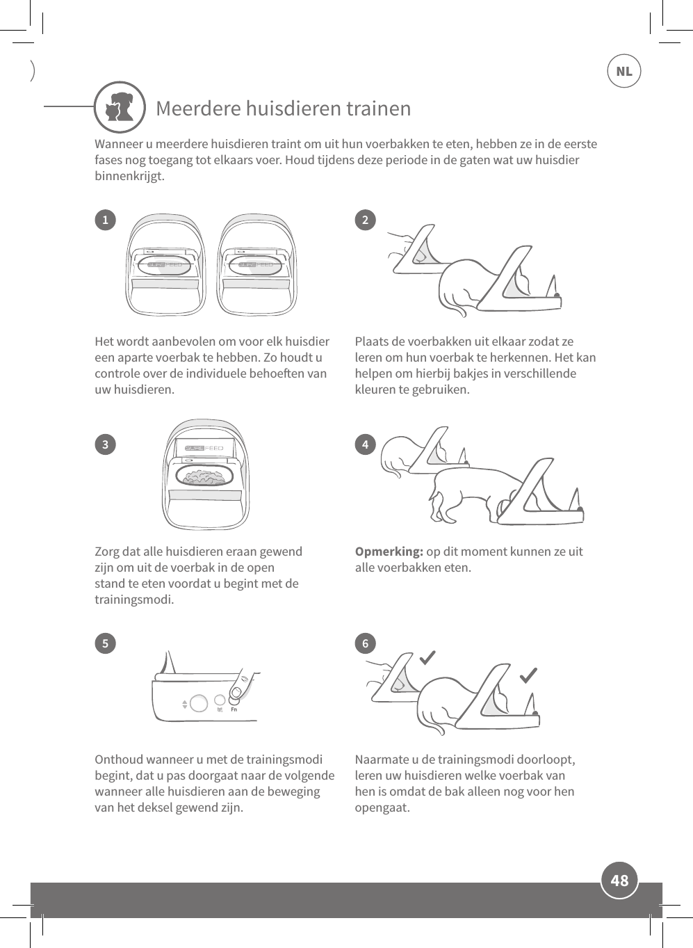 48NLMeerdere huisdieren trainen13524Het wordt aanbevolen om voor elk huisdier een aparte voerbak te hebben. Zo houdt u controle over de individuele behoeen van uw huisdieren. Zorg dat alle huisdieren eraan gewend zijn om uit de voerbak in de open stand te eten voordat u begint met de trainingsmodi. Naarmate u de trainingsmodi doorloopt, leren uw huisdieren welke voerbak van hen is omdat de bak alleen nog voor hen opengaat.Plaats de voerbakken uit elkaar zodat ze leren om hun voerbak te herkennen. Het kan helpen om hierbij bakjes in verschillende kleuren te gebruiken. Onthoud wanneer u met de trainingsmodi begint, dat u pas doorgaat naar de volgende wanneer alle huisdieren aan de beweging van het deksel gewend zijn.  6Opmerking: op dit moment kunnen ze uit alle voerbakken eten. Wanneer u meerdere huisdieren traint om uit hun voerbakken te eten, hebben ze in de eerste fases nog toegang tot elkaars voer. Houd tijdens deze periode in de gaten wat uw huisdier binnenkrijgt. 