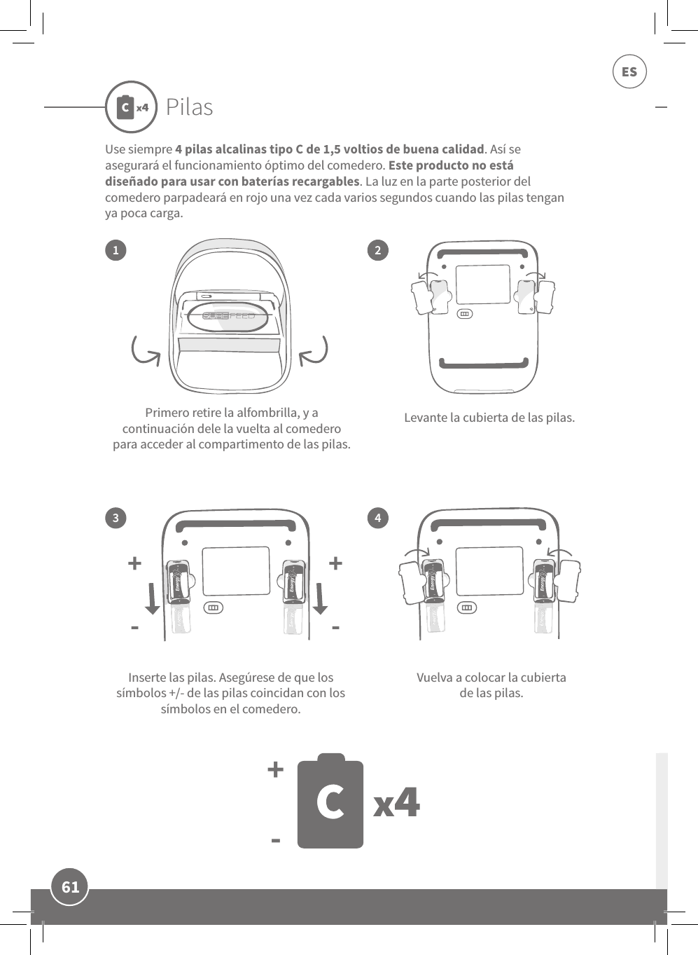 61ESPilasPrimero retire la alfombrilla, y a continuación dele la vuelta al comedero para acceder al compartimento de las pilas.Inserte las pilas. Asegúrese de que los símbolos +/- de las pilas coincidan con los símbolos en el comedero.Levante la cubierta de las pilas.Vuelva a colocar la cubierta de las pilas.1324Use siempre 4 pilas alcalinas tipo C de 1,5 voltios de buena calidad. Así se asegurará el funcionamiento óptimo del comedero. Este producto no está diseñado para usar con baterías recargables. La luz en la parte posterior del comedero parpadeará en rojo una vez cada varios segundos cuando las pilas tengan ya poca carga.+ +- -+-