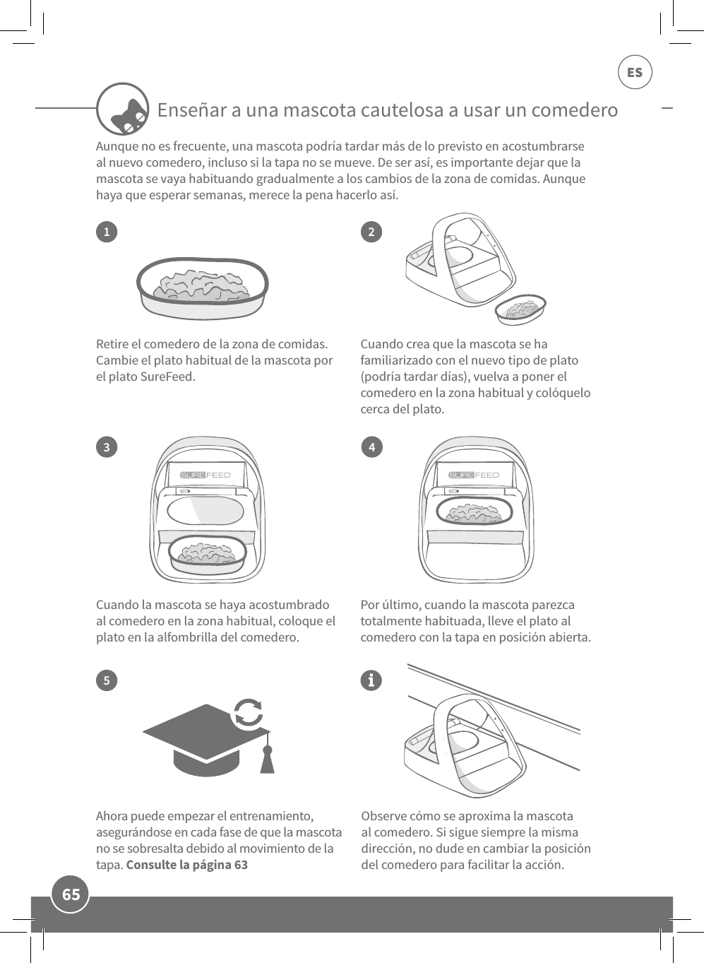 65ESEnseñar a una mascota cautelosa a usar un comedero13542Retire el comedero de la zona de comidas. Cambie el plato habitual de la mascota por el plato SureFeed. Cuando la mascota se haya acostumbrado al comedero en la zona habitual, coloque el plato en la alfombrilla del comedero. Ahora puede empezar el entrenamiento, asegurándose en cada fase de que la mascota no se sobresalta debido al movimiento de la tapa. Consulte la página 63Observe cómo se aproxima la mascota al comedero. Si sigue siempre la misma dirección, no dude en cambiar la posición del comedero para facilitar la acción. Por último, cuando la mascota parezca totalmente habituada, lleve el plato al comedero con la tapa en posición abierta.Cuando crea que la mascota se ha familiarizado con el nuevo tipo de plato (podría tardar días), vuelva a poner el comedero en la zona habitual y colóquelo cerca del plato.Aunque no es frecuente, una mascota podría tardar más de lo previsto en acostumbrarse al nuevo comedero, incluso si la tapa no se mueve. De ser así, es importante dejar que la mascota se vaya habituando gradualmente a los cambios de la zona de comidas. Aunque haya que esperar semanas, merece la pena hacerlo así.