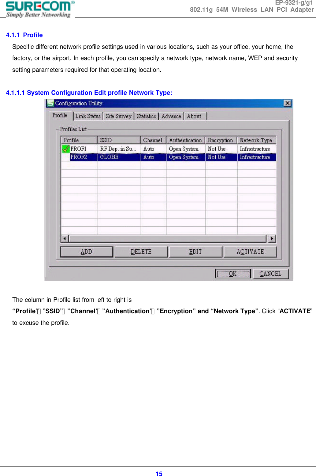 EP-9321-g/g1 802.11g 54M Wireless LAN PCI Adapter  15  4.1.1 Profile   Specific different network profile settings used in various locations, such as your office, your home, the factory, or the airport. In each profile, you can specify a network type, network name, WEP and security setting parameters required for that operating location.      4.1.1.1 System Configuration Edit profile Network Type:   The column in Profile list from left to right is &ldquo;Profile&rdquo;、&rdquo;SSID&rdquo;、&rdquo;Channel&rdquo;、&rdquo;Authentication&rdquo;、&rdquo;Encryption&rdquo; and &ldquo;Network Type&rdquo;. Click &ldquo;ACTIVATE&rdquo; to excuse the profile.            