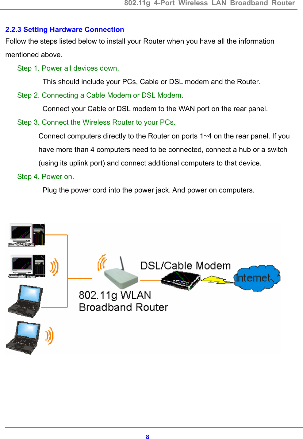 802.11g 4-Port Wireless LAN Broadband Router    82.2.3 Setting Hardware Connection Follow the steps listed below to install your Router when you have all the information   mentioned above. Step 1. Power all devices down.  This should include your PCs, Cable or DSL modem and the Router. Step 2. Connecting a Cable Modem or DSL Modem.  Connect your Cable or DSL modem to the WAN port on the rear panel. Step 3. Connect the Wireless Router to your PCs.  Connect computers directly to the Router on ports 1~4 on the rear panel. If you have more than 4 computers need to be connected, connect a hub or a switch (using its uplink port) and connect additional computers to that device. Step 4. Power on.  Plug the power cord into the power jack. And power on computers.    