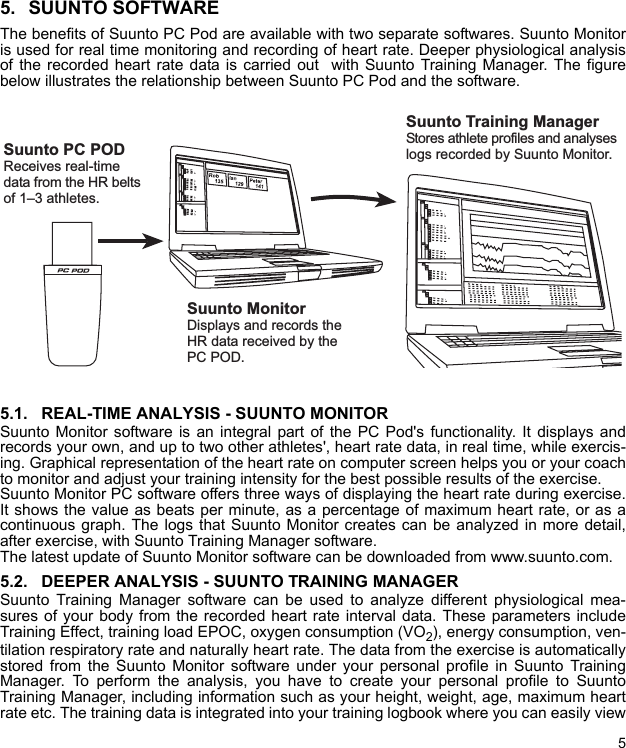 55. SUUNTO SOFTWAREThe benefits of Suunto PC Pod are available with two separate softwares. Suunto Monitoris used for real time monitoring and recording of heart rate. Deeper physiological analysisof the recorded heart rate data is carried out  with Suunto Training Manager. The figurebelow illustrates the relationship between Suunto PC Pod and the software. 5.1. REAL-TIME ANALYSIS - SUUNTO MONITORSuunto Monitor software is an integral part of the PC Pod&apos;s functionality. It displays andrecords your own, and up to two other athletes&apos;, heart rate data, in real time, while exercis-ing. Graphical representation of the heart rate on computer screen helps you or your coachto monitor and adjust your training intensity for the best possible results of the exercise.Suunto Monitor PC software offers three ways of displaying the heart rate during exercise.It shows the value as beats per minute, as a percentage of maximum heart rate, or as acontinuous graph. The logs that Suunto Monitor creates can be analyzed in more detail,after exercise, with Suunto Training Manager software.The latest update of Suunto Monitor software can be downloaded from www.suunto.com.5.2. DEEPER ANALYSIS - SUUNTO TRAINING MANAGERSuunto Training Manager software can be used to analyze different physiological mea-sures of your body from the recorded heart rate interval data. These parameters includeTraining Effect, training load EPOC, oxygen consumption (VO2), energy consumption, ven-tilation respiratory rate and naturally heart rate. The data from the exercise is automaticallystored from the Suunto Monitor software under your personal profile in Suunto TrainingManager. To perform the analysis, you have to create your personal profile to SuuntoTraining Manager, including information such as your height, weight, age, maximum heartrate etc. The training data is integrated into your training logbook where you can easily viewSuunto MonitorDisplays and records theHR data received by thePC POD.Suunto PC PODReceives real-timedata from the HR beltsof 13 athletes.Suunto Training ManagerStores athlete profiles and analyseslogs recorded by Suunto Monitor.