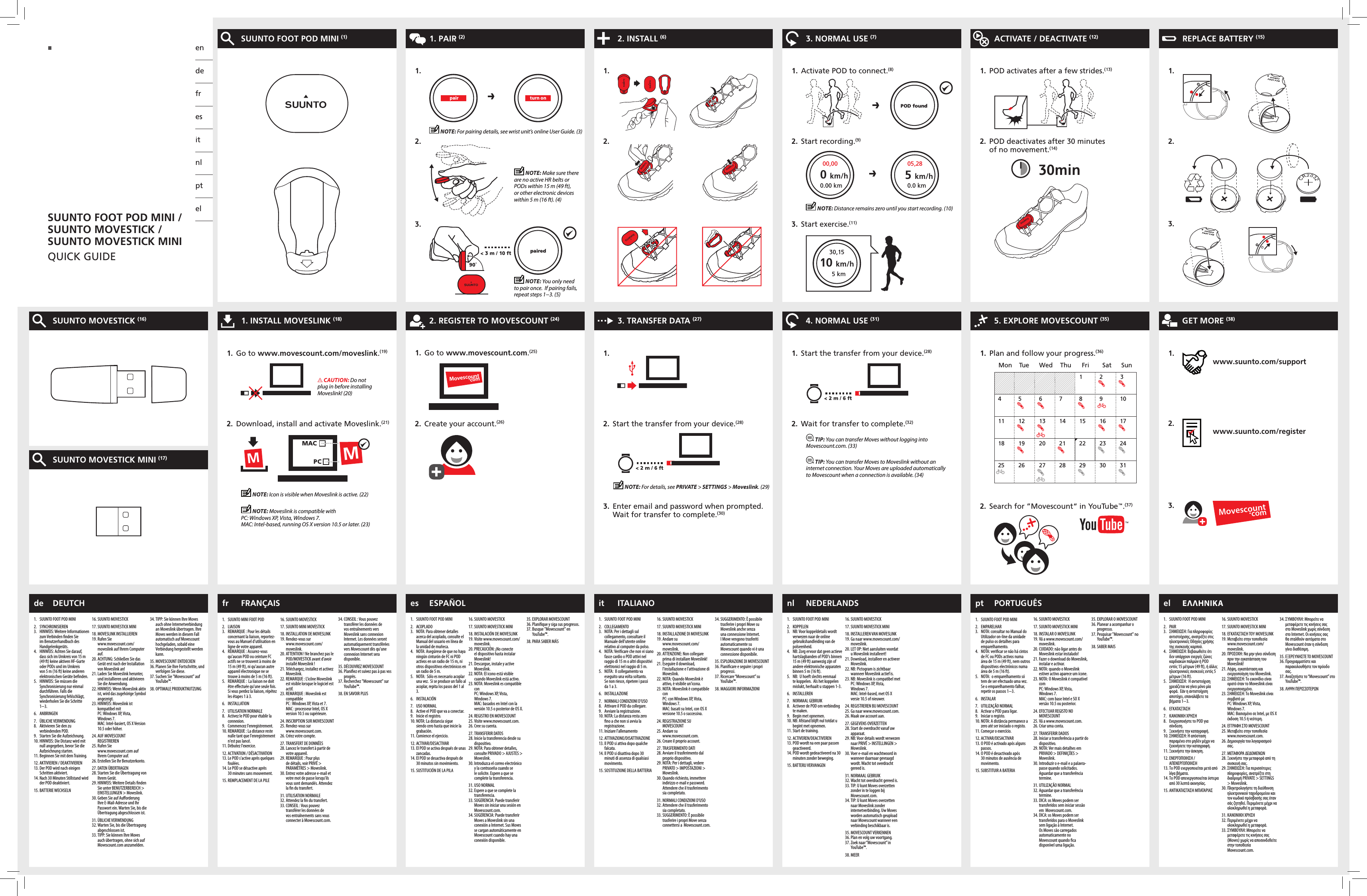 SUUNTO FOOT POD MINI / SUUNTO MOVESTICK / SUUNTO MOVESTICK MINIQUICK GUIDESUUNTO FOOT POD MINI (1) 1. PAIR (2) 2. INSTALL (6) 3. NORMAL USE (7) ACTIVATE / DEACTIVATE (12) REPLACE BATTERY (15)SUUNTO MOVESTICK (16) 1. INSTALL MOVESLINK (18) 2. REGISTER TO MOVESCOUNT (24) 3. TRANSFER DATA (27) 4. NORMAL USE (31) 5. EXPLORE MOVESCOUNT (35) GET MORE (38)1.2. 1. 2.  NOTE: Make sure there are no active HR belts or PODs within 15 m (49 ft), or other electronic devices within 5 m (16 ft). (4)1.  Activate POD to connect.(8)2.  Start recording.(9)1.  POD activates after a few strides.(13)2.  POD deactivates after 30 minutes  of no movement.(14)1. 2. 3.1.     www.suunto.com/support2.     www.suunto.com/register3. +Movescountcom.pair turn onpaired90˚&lt; 3 m / 10 ft3.  NOTE: You only need to pair once.  If pairing fails, repeat steps 1−3. (5) NOTE: For pairing details, see wrist unit’s online User Guide. (3)3.  Start exercise.(11) NOTE: Distance remains zero until you start recording. (10)POD found  0.00 km  00,000 km/h  0.0 km  05,285 km/h  5 km10 km/h  30,1530minSUUNTO MOVESTICK MINI (17)1.  Go to www.movescount.com/moveslink.(19)2.  Download, install and activate Moveslink.(21)MMACPCM CAUTION: Do not plug in before installing Moveslink! (20) NOTE: Icon is visible when Moveslink is active. (22) NOTE: Moveslink is compatible with   PC: Windows XP, Vista, Windows 7. MAC: Intel-based, running OS X version 10.5 or later. (23)1.  Go to www.movescount.com.(25)2.  Create your account.(26) Movescountcom.+&lt; 2 m / 6 ft1.2.  Start the transfer from your device.(28) 3.  Enter email and password when prompted.Wait for transfer to complete.(30)  NOTE: For details, see PRIVATE &gt; SETTINGS &gt; Moveslink. (29)1.  Start the transfer from your device.(28)2.  Wait for transfer to complete.(32) &lt; 2 m / 6 ft TIP: You can transfer Moves without logging into Movescount.com. (33) TIP: You can transfer Moves to Moveslink without an internet connection. Your Moves are uploaded automatically to Movescount when a connection is available. (34)1.  Plan and follow your progress.(36)2.  Search for “Movescount” in YouTube™.(37)Mon Tu eWed Thu Fri Sat Sun3456789101211 12 13 14 15 16 1718 19 20 21 22 23 2425 26 27 28 29 30 31endefresitnlptelde DEUTCH fr FRANÇAIS es ESPAÑOL it ITALIANO nl NEDERLANDS pt PORTUGUÊS el  Ελληνικά1.  SUUNTO MINI FOOT POD2. LIAISON3.  REMARQUE: Pour les détails concernant la liaison, reportez-vous au Manuel d&apos;utilisation en ligne de votre appareil.4.  REMARQUE: Assurez-vous qu&apos;aucun POD ou ceinture FC actifs ne se trouvent à moins de 15m (49ft), ni qu&apos;aucun autre appareil électronique ne se trouve à moins de 5m (16ft).5.  REMARQUE:  La liaison ne doit être eectuée qu&apos;une seule fois.  Si vous perdez la liaison, répétez les étapes1 à3.6. INSTALLATION7.  UTILISATION NORMALE8.  Activez le POD pour établir la connexion.9.  Commencez l&apos;enregistrement.10. REMARQUE: La distance reste nulle tant que l&apos;enregistrement n&apos;est pas lancé.11. Débutez l&apos;exercice.12. ACTIVATION / DÉSACTIVATION13. Le POD s&apos;active après quelques foulées.14. Le POD se désactive après 30minutes sans mouvement.15. REMPLACEMENT DE LA PILE16. SUUNTO MOVESTICK17. SUUNTO MINI MOVESTICK18. INSTALLATION DE MOVESLINK19. Rendez-vous sur  www.movescount.com/moveslink.20. ATTENTION! Ne branchez pas le POD/MOVESTICK avant d&apos;avoir installé Moveslink!21. Téléchargez, installez et activez Moveslink.22. REMARQUE: L&apos;icône Moveslink est visible lorsque le logiciel est actif.23. REMARQUE: Moveslink est compatible  PC: WindowsXP, Vista et7. MAC: processeur Intel, OSX version10.5 ou supérieure.24. INSCRIPTION SUR MOVESCOUNT25. Rendez-vous sur  www.movescount.com.26. Créez votre compte.27. TRANSFERT DE DONNÉES28. Lancez le transfert à partir de votre appareil.29. REMARQUE: Pour plus de détails, voir PRIVÉ &gt; PARAMÈTRES &gt; Moveslink.30. Entrez votre adresse e-mail et votre mot de passe lorsqu&apos;ils vous sont demandés. Attendez la n du transfert.31. UTILISATION NORMALE32. Attendez la n du transfert.33. CONSEIL: Vous pouvez transférer les données de vos entraînements sans vous connecter à Movescount.com.34. CONSEIL: Vous pouvez transférer les données de vos entraînements vers Moveslink sans connexion Internet. Les données seront automatiquement transférées vers Movescount dès qu&apos;une connexion Internet sera disponible.35. DÉCOUVREZ MOVESCOUNT36. Planiez et suivez pas à pas vos progrès.37. Recherchez &quot;Movescount&quot; sur YouTube™.38. EN SAVOIR PLUS1.  SUUNTO FOOT POD MINI2. ACOPLADO3.  NOTA: Para obtener detalles acerca del acoplado, consulte el Manual del usuario en línea de la unidad de muñeca.4.  NOTA: Asegúrese de que no haya ningún cinturón de FC ni POD activos en un radio de 15 m, ni otros dispositivos electrónicos en un radio de 5 m.5.  NOTA:  Sólo es necesario acoplar una vez.  Si se produce un fallo al acoplar, repita los pasos del 1 al 3.6. INSTALACIÓN7.  USO NORMAL8.  Active el POD que va a conectar.9.  Inicie el registro.10. NOTA: La distancia sigue siendo cero hasta que inicie la grabación.11. Comience el ejercicio.12. ACTIVAR/DESACTIVAR13. El POD se activa después de unas zancadas.14. El POD se desactiva después de 30 minutos sin movimiento.15. SUSTITUCIÓN DE LA PILA16. SUUNTO MOVESTICK17. SUUNTO MOVESTICK MINI18. INSTALACIÓN DE MOVESLINK19. Visite www.movescount.com/moveslink.20. PRECAUCIÓN: ¡No conecte el dispositivo hasta instalar Moveslink!21. Descargue, instale y active Moveslink.22. NOTA: El icono está visible cuando Moveslink está activo.23. NOTA: Moveslink es compatible con  PC: Windows XP, Vista, Windows 7. MAC: basados en Intel con la versión 10.5 o posterior de OS X.24. REGISTRO EN MOVESCOUNT25. Visite www.movescount.com.26. Cree su cuenta.27. TRANSFERIR DATOS28. Inicie la transferencia desde su dispositivo.29. NOTA: Para obtener detalles, consulte PRIVADO &gt; AJUSTES &gt; Moveslink.30. Introduzca el correo electrónico y la contraseña cuando se le solicite. Espere a que se complete la transferencia.31. USO NORMAL32. Espere a que se complete la transferencia.33. SUGERENCIA: Puede transferir Moves sin iniciar una sesión en  Movescount.com.34. SUGERENCIA: Puede transferir Moves a Moveslink sin una conexión a Internet. Sus Moves se cargan automáticamente en Movescount cuando hay una conexión disponible.35. EXPLORAR MOVESCOUNT36. Planique y siga sus progresos.37. Busque &quot;Movescount&quot; en YouTube™.38. PARA SABER MÁS1.  SUUNTO FOOT POD MINI2. COLLEGAMENTO3.  NOTA: Per i dettagli sul collegamento, consultare il Manuale dell&apos;utente online relativo al computer da polso.4.  NOTA: Vericare che non vi siano fasce cardio o POD attivi nel raggio di 15 m o altri dispositivi elettronici nel raggio di 5 m.5.  NOTA:  Il collegamento va eseguito una volta soltanto.   Se non riesce, ripetere i passi da 1 a 3.6. INSTALLAZIONE7.  NORMALI CONDIZIONI D&apos;USO8.  Attivare il POD da collegare.9.  Avviare la registrazione.10. NOTA: La distanza resta zero no a che non si avvia la registrazione.11. Iniziare l&apos;allenamento12. ATTIVAZIONE/DISATTIVAZIONE13. Il POD si attiva dopo qualche falcata.14. Il POD si disattiva dopo 30 minuti di assenza di qualsiasi movimento.15. SOSTITUZIONE DELLA BATTERIA16. SUUNTO MOVESTICK17. SUUNTO MOVESTICK MINI18. INSTALLAZIONE DI MOVESLINK19. Andare su  www.movescount.com/moveslink.20. ATTENZIONE: Non collegare prima di installare Moveslink!21. Eseguire il download, l&apos;installazione e l&apos;attivazione di Moveslink.22. NOTA: Quando Moveslink è attivo, è visibile un&apos;icona.23. NOTA: Moveslink è compatibile con  PC: con Windows XP, Vista, Windows 7. MAC: basati su Intel, con OS X versione 10.5 o successiva.24. REGISTRAZIONE SU MOVESCOUNT25. Andare su  www.movescount.com.26. Creare il proprio account.27. TRASFERIMENTO DATI28. Avviare il trasferimento dal proprio dispositivo.29. NOTA: Per i dettagli, vedere PRIVATO &gt; IMPOSTAZIONI &gt; Moveslink.30. Quando richiesto, immettere indirizzo e-mail e password. Attendere che il trasferimento sia completato.31. NORMALI CONDIZIONI D&apos;USO32. Attendere che il trasferimento sia completato.33. SUGGERIMENTO: È possibile trasferire i propri Move senza connettersi a  Movescount.com.34. SUGGERIMENTO: È possibile trasferire i propri Move su Moveslink anche senza una connessione Internet. I Move vengono trasferiti automaticamente su Movescount quando vi è una connessione disponibile.35. ESPLORAZIONE DI MOVESCOUNT36. Pianicare e seguire i propri progressi.37.  Ricercare “Movescount” su YouTube™.38. MAGGIORI INFORMAZIONI1.  SUUNTO FOOT POD MINI2. SYNCHRONISIEREN3.  HINWEIS: Weitere Informationen zum Verbinden nden Sie im Benutzerhandbuch des Handgelenkgeräts.4.  HINWEIS: Achten Sie darauf, dass sich im Umkreis von 15 m (49 ft) keine aktiven HF-Gurte oder PODs und im Umkreis von 5 m (16 ft) keine anderen elektronischen Geräte benden.5.  HINWEIS: Sie müssen die Synchronisierung nur einmal durchführen. Falls die Synchronisierung fehlschlägt, wiederholen Sie die Schritte 1−3.6. ANBRINGEN7.  ÜBLICHE VERWENDUNG8.  Aktivieren Sie den zu verbindenden POD.9.  Starten Sie die Aufzeichnung.10. HINWEIS: Die Distanz wird mit null angegeben, bevor Sie die Aufzeichnung starten.11. Beginnen Sie mit dem Training.12. AKTIVIEREN / DEAKTIVIEREN13. Der POD wird nach einigen Schritten aktiviert.14. Nach 30 Minuten Stillstand wird der POD deaktiviert.15. BATTERIE WECHSELN16. SUUNTO MOVESTICK17. SUUNTO MOVESTICK MINI18. MOVESLINK INSTALLIEREN19. Rufen Sie  www.movescount.com/moveslink auf Ihrem Computer auf.20. ACHTUNG: Schließen Sie das Gerät erst nach der Installation von Moveslink an!21. Laden Sie Moveslink herunter, und installieren und aktivieren Sie die Anwendung.22. HINWEIS: Wenn Moveslink aktiv ist, wird das zugehörige Symbol angezeigt.23. HINWEIS: Moveslink ist kompatibel mit   PC: Windows XP, Vista, Windows 7. MAC: Intel-basiert, OS X Version 10.5 oder höher.24. AUF MOVESCOUNT REGISTRIEREN25. Rufen Sie  www.movescount.com auf Ihrem Computer auf.26. Erstellen Sie Ihr Benutzerkonto.27. DATEN ÜBERTRAGEN28. Starten Sie die Übertragung von Ihrem Gerät.29. HINWEIS: Weitere Details nden Sie unter BENUTZERBEREICH &gt; EINSTELLUNGEN &gt; Moveslink.30. Geben Sie auf Auorderung Ihre E-Mail-Adresse und Ihr Passwort ein. Warten Sie, bis die Übertragung abgeschlossen ist.31. ÜBLICHE VERWENDUNG32. Warten Sie, bis die Übertragung abgeschlossen ist.33. TIPP: Sie können Ihre Moves auch übertragen, ohne sich auf  Movescount.com anzumelden.34. TIPP: Sie können Ihre Moves auch ohne Internetverbindung an Moveslink übertragen. Ihre Moves werden in diesem Fall automatisch auf Movescount hochgeladen, sobald eine Verbindung hergestellt werden kann.35. MOVESCOUNT ENTDECKEN36. Planen Sie Ihre Fortschritte, und verfolgen Sie diese.37. Suchen Sie &quot;Movescount&quot; auf YouTube™.38. OPTIMALE PRODUKTNUTZUNG1.  SUUNTO FOOT POD MINI2. KOPPELEN3.  NB: Voor koppeldetails wordt verwezen naar de online gebruikshandleiding van de polseenheid.4.  NB: Zorg ervoor dat geen actieve hartslagbanden of POD&apos;s binnen 15 m (49 ft) aanwezig zijn of andere elektronische apparaten binnen 5 m (16 ft).5.  NB:  U hoeft slechts eenmaal te koppelen.  Als het koppelen mislukt, herhaalt u stappen 1-3.6. INSTALLEREN7.  NORMAAL GEBRUIK8.  Activeer de POD om verbinding te maken.9.  Begin met opnemen.10. NB: Afstand blijft nul totdat u begint met opnemen.11. Start de training.12. ACTIVEREN/DEACTIVEREN13. POD wordt na een paar passen geactiveerd.14. POD wordt gedeactiveerd na 30 minuten zonder beweging.15. BATTERIJ VERVANGEN16. SUUNTO MOVESTICK17. SUUNTO MOVESTICK MINI18. INSTALLEREN VAN MOVESLINK19. Ga naar www.movescount.com/moveslink.20. LET OP: Niet aansluiten voordat u Moveslink installeert!21. Download, installeer en activeer Moveslink.22. NB: Pictogram is zichtbaar wanneer Moveslink actief is.23. NB: Moveslink is compatibel met   PC: Windows XP, Vista, Windows 7. MAC: Intel-based, met OS X versie 10.5 of nieuwer.24. REGISTREREN BIJ MOVESCOUNT25. Ga naar www.movescount.com.26. Maak uw account aan.27. GEGEVENS OVERZETTEN28. Start de overdracht vanaf uw apparaat.29. NB: Voor details wordt verwezen naar PRIVÉ &gt; INSTELLINGEN &gt; Moveslink.30. Voer e-mail en wachtwoord in wanneer daarnaar gevraagd wordt. Wacht tot overdracht gereed is.31. NORMAAL GEBRUIK32. Wacht tot overdracht gereed is.33. TIP: U kunt Moves overzetten zonder in te loggen bij Movescount.com.34. TIP: U kunt Moves overzetten naar Moveslink zonder internetverbinding. Uw Moves worden automatisch geupload naar Movescount wanneer een verbinding beschikbaar is.35. MOVESCOUNT VERKENNEN36. Plan en volg uw voortgang.37. Zoek naar “Movescount” in YouTube™.38. MEER1.  SUUNTO FOOT POD MINI2. EMPARELHAR3.  NOTA: consultar no Manual do Utilizador on-line da unidade de pulso os detalhes para emparelhamento.4.  NOTA: vericar se não há cintos de FC ou PODs activos numa área de 15 m (49 ft), nem outros dispositivos electrónicos numa área de 5 m (16 ft).5.  NOTA:  o emparelhamento só tem de ser efectuado uma vez.  Se o emparelhamento falhar, repetir os passos 1−3.6. INSTALAR7.  UTILIZAÇÃO NORMAL8.  Activar o POD para ligar.9.  Iniciar o registo.10. NOTA: A distância permanece a zero até ser iniciado o registo.11. Começar o exercício.12. ACTIVAR/DESACTIVAR13. O POD é activado após alguns passos.14. O POD é desactivado após 30 minutos de ausência de movimento.15. SUBSTITUIR A BATERIA16. SUUNTO MOVESTICK17. SUUNTO MOVESTICK MINI18. INSTALAR O MOVESLINK19. Vá a www.movescount.com/moveslink.20. CUIDADO: não ligar antes do Moveslink estar instalado!21. Fazer o download do Moveslink, instalar e activar.22. NOTA: quando o Moveslink estiver activo aparece um ícone.23. NOTA: O Moveslink é compatível com  PC: Windows XP, Vista, Windows 7. MAC: com base Intel e SO X versão 10.5 ou posterior.24. EFECTUAR REGISTO NO MOVESCOUNT25. Vá a www.movescount.com.26. Criar uma conta.27. TRANSFERIR DADOS28. Iniciar a transferência a partir do dispositivo.29. NOTA: Ver mais detalhes em PRIVADO &gt; DEFINIÇÕES &gt; Moveslink.30. Introduzir o e-mail e a palavra-passe quando solicitados. Aguardar que a transferência termine.31. UTILIZAÇÃO NORMAL32. Aguardar que a transferência termine.33. DICA: os Moves podem ser transferidos sem iniciar sessão em  Movescount.com.34. DICA: os Moves podem ser transferidos para o Moveslink sem ligação à Internet. Os Moves são carregados automaticamente no Movescount quando ca disponível uma ligação.35. EXPLORAR O MOVESCOUNT36. Planear a acompanhar o progresso.37. Pesquisar &quot;Movescount&quot; no YouTube™.38. SABER MAIS1.  SUUNTO FOOT POD MINI2. PAIR3.  ΣΗΜΕΙΩΣΗ: Για πληροφορίες αντιστοίχισης, ανατρέξτε στις ηλεκτρονικές Οδηγίες χρήσης της συσκευής καρπού.4.  ΣΗΜΕΙΩΣΗ: Βεβαιωθείτε ότι  δεν υπάρχουν ενεργές ζώνες καρδιακών παλμών ή POD εντός 15 μέτρων (49 ft), ή άλλες ηλεκτρονικές συσκευές εντός 5 μέτρων (16 ft).5.  ΣΗΜΕΙΩΣΗ:  Η αντιστοίχιση χρειάζεται να γίνει μόνο μία φορά.  Εάν η αντιστοίχιση αποτύχει, επαναλάβετε τα βήματα 1−3.6. ΕΓΚΑΤΑΣΤΑΣΗ7.  ΚΑΝΟΝΙΚΗ ΧΡΗΣΗ8.  Ενεργοποιήστε το POD για σύνδεση.9.  Ξεκινήστε την καταγραφή.10. ΣΗΜΕΙΩΣΗ: Η απόσταση παραμένει στο μηδέν μέχρι να ξεκινήσετε την καταγραφή.11. Ξεκινήστε την άσκηση.12. ΕΝΕΡΓΟΠΟΙΗΣΗ /ΑΠΕΝΕΡΓΟΠΟΙΗΣΗ13. Το POD ενεργοποιείται μετά από λίγα βήματα.14. Το POD απενεργοποιείται ύστερα από 30 λεπτά ακινησίας.15. ΑΝΤΙΚΑΤΑΣΤΑΣΗ ΜΠΑΤΑΡΙΑΣ16. SUUNTO MOVESTICK17. SUUNTO MOVESTICK MINI18. ΕΓΚΑΤΑΣΤΑΣΗ ΤΟΥ MOVESLINK19. Μεταβείτε στην τοποθεσία www.movescount.com/moveslink.20. ΠΡΟΣΟΧΗ: Να μην γίνει σύνδεση πριν την εγκατάσταση του Moveslink!21. Λήψη, εγκατάσταση και ενεργοποίηση του Moveslink.22. ΣΗΜΕΙΩΣΗ: Το εικονίδιο είναι ορατό όταν το Moveslink είναι ενεργοποιημένο.23. ΣΗΜΕΙΩΣΗ: Το Moveslink είναι συμβατό με   PC: Windows XP, Vista, Windows 7. MAC: Βασισμένο σε Intel, με OS X έκδοση 10.5 ή νεότερη.24. ΕΓΓΡΑΦΗ ΣΤΟ MOVESCOUNT25. Μεταβείτε στην τοποθεσία www.movescount.com.26. Δημιουργία του λογαριασμού σας.27. ΜΕΤΑΦΟΡΑ ΔΕΔΟΜΕΝΩΝ28. Ξεκινήστε την μεταφορά από τη συσκευή σας.29. ΣΗΜΕΙΩΣΗ: Για περισσότερες πληροφορίες, ανατρέξτε στη διαδρομή PRIVATE &gt; SETTINGS &gt; Moveslink.30. Πληκτρολογήστε τη διεύθυνση ηλεκτρονικού ταχυδρομείου και τον κωδικό πρόσβασής σας όταν σάς ζητηθεί. Περιμένετε μέχρι να ολοκληρωθεί η μεταφορά.31. ΚΑΝΟΝΙΚΗ ΧΡΗΣΗ32. Περιμένετε μέχρι να ολοκληρωθεί η μεταφορά.33. ΣΥΜΒΟΥΛΗ: Μπορείτε να μεταφέρετε τις κινήσεις σας (Moves) χωρίς να αποσυνδεθείτε στην τοποθεσία  Movescount.com.34. ΣΥΜΒΟΥΛΗ: Μπορείτε να μεταφέρετε τις κινήσεις σας στο Moveslink χωρίς σύνδεση στο Internet. Οι κινήσεις σας θα σταλθούν αυτόματα στο Movescount όταν η σύνδεση γίνει διαθέσιμη.35. ΕΞΕΡΕΥΝΗΣΤΕ ΤΟ MOVESCOUNT36. Προγραμματίστε και παρακολουθήστε τον πρόοδο σας.37. Αναζητήστε το “Movescount” στο YouTube™.38. ΛΗΨΗ ΠΕΡΙΣΣΟΤΕΡΩΝ
