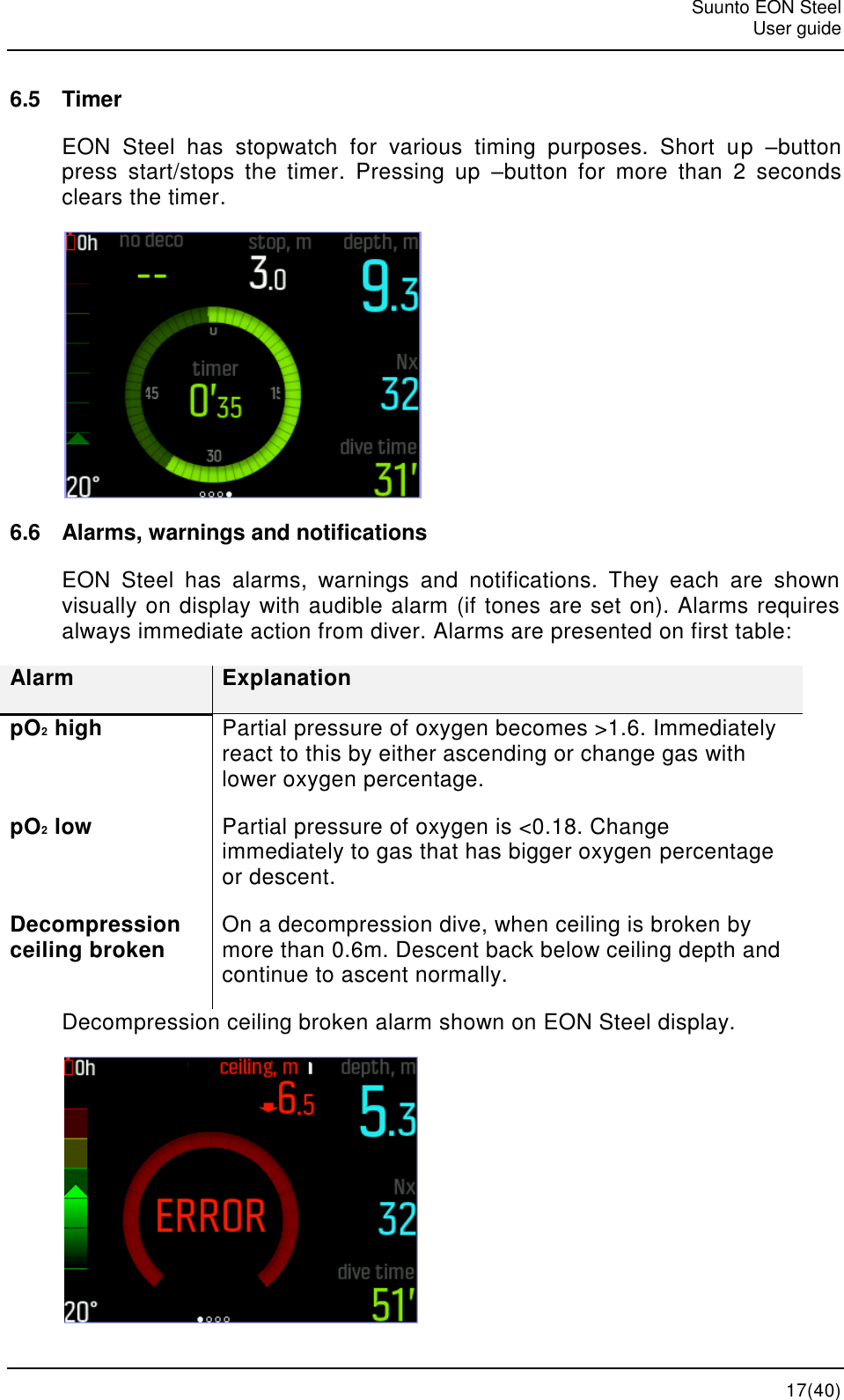   Suunto EON Steel   User guide  17(40) 6.5  Timer EON  Steel  has  stopwatch  for  various  timing  purposes.  Short  up  –button press  start/stops  the  timer.  Pressing  up  –button  for  more  than  2  seconds clears the timer.  6.6  Alarms, warnings and notifications EON  Steel  has  alarms,  warnings  and  notifications.  They  each  are  shown visually on display with audible alarm (if tones are set on). Alarms requires always immediate action from diver. Alarms are presented on first table: Alarm Explanation pO2 high  Partial pressure of oxygen becomes &gt;1.6. Immediately react to this by either ascending or change gas with lower oxygen percentage. pO2 low Partial pressure of oxygen is &lt;0.18. Change immediately to gas that has bigger oxygen percentage or descent. Decompression ceiling broken On a decompression dive, when ceiling is broken by more than 0.6m. Descent back below ceiling depth and continue to ascent normally. Decompression ceiling broken alarm shown on EON Steel display.  