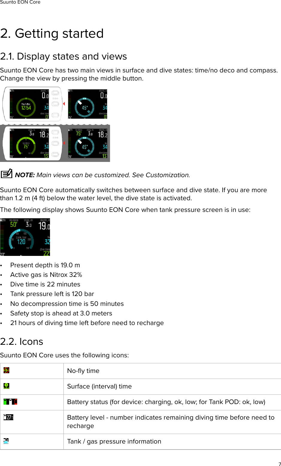 2. Getting started2.1. Display states and viewsSuunto EON Core has two main views in surface and dive states: time/no deco and compass.Change the view by pressing the middle button. NOTE: Main views can be customized. See Customization.Suunto EON Core automatically switches between surface and dive state. If you are morethan 1.2 m (4 ft) below the water level, the dive state is activated.The following display shows Suunto EON Core when tank pressure screen is in use:•Present depth is 19.0 m•Active gas is Nitrox 32%•Dive time is 22 minutes•Tank pressure left is 120 bar•No decompression time is 50 minutes•Safety stop is ahead at 3.0 meters•21 hours of diving time left before need to recharge2.2. IconsSuunto EON Core uses the following icons:No-ﬂy timeSurface (interval) timeBattery status (for device: charging, ok, low; for Tank POD: ok, low)Battery level - number indicates remaining diving time before need torechargeTank / gas pressure informationSuunto EON Core7