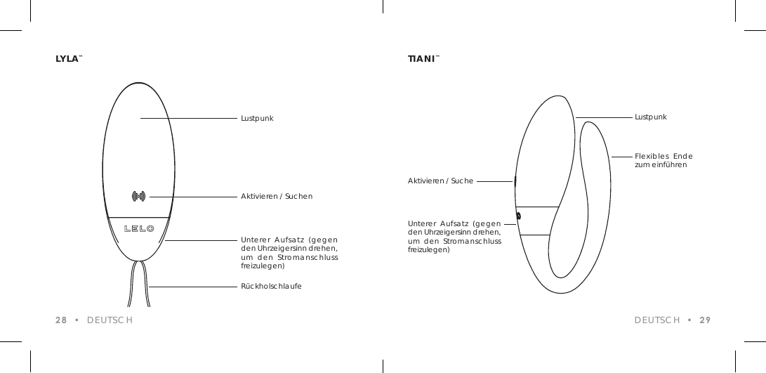 LYLA&trade;28  &bull;  DEUTSCHLustpunkAktivieren / SuchenUnterer Aufsatz (gegen den Uhrzeigersinn drehen, um den Stromanschluss freizulegen)R&uuml;ckholschlaufeTIANI&trade;DEUTSCH  &bull;  29LustpunkAktivieren / SucheFlexibles Ende zum einf&uuml;hrenUnterer Aufsatz (gegen den Uhrzeigersinn drehen, um den Stromanschluss freizulegen)