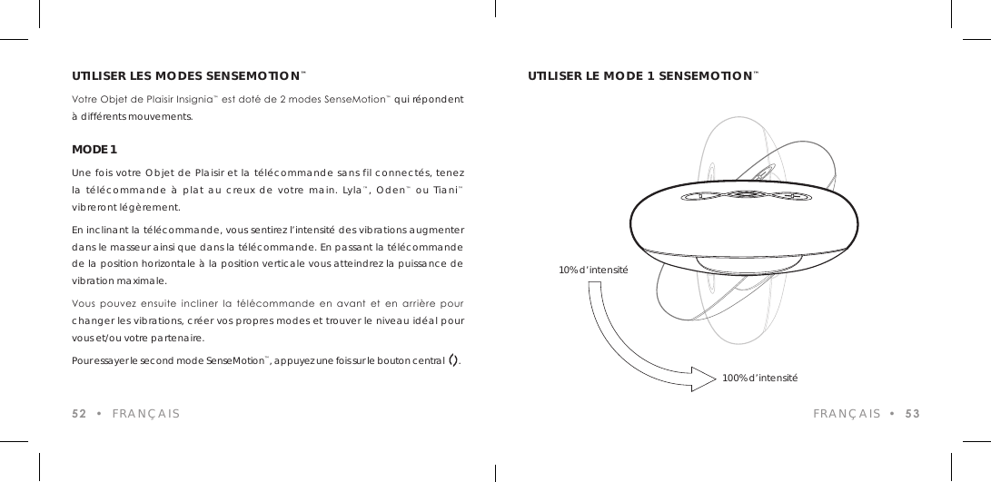 UTILISER LES MODES SENSEMOTION&trade;Votre Objet de Plaisir Insignia&trade; est dot&eacute; de 2 modes SenseMotion&trade; qui r&eacute;pondent &agrave; diff&eacute;rents mouvements.MODE 1Une fois votre Objet de Plaisir et la t&eacute;l&eacute;commande sans fil connect&eacute;s, tenez la t&eacute;l&eacute;commande &agrave; plat au creux de votre main. Lyla&trade;, Oden&trade; ou Tiani&trade; vibreront l&eacute;g&egrave;rement.En inclinant la t&eacute;l&eacute;commande, vous sentirez l&rsquo;intensit&eacute; des vibrations augmenter dans le masseur ainsi que dans la t&eacute;l&eacute;commande. En passant la t&eacute;l&eacute;commande de la position horizontale &agrave; la position verticale vous atteindrez la puissance de vibration maximale.Vous  pouvez  ensuite  incliner  la  t&eacute;l&eacute;commande  en  avant  et  en  arri&egrave;re  pour  changer les vibrations, cr&eacute;er vos propres modes et trouver le niveau id&eacute;al pour vous et/ou votre partenaire.Pour essayer le second mode SenseMotion&trade;, appuyez une fois sur le bouton central      .52  &bull;  FRAN&Ccedil;AISUTILISER LE MODE 1 SENSEMOTION&trade;FRAN&Ccedil;AIS  &bull;  5310% d&rsquo;intensit&eacute;100% d&rsquo;intensit&eacute; 