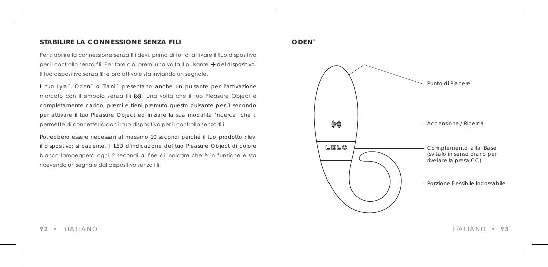 STABILIRE LA CONNESSIONE SENZA FILIPer stabilire la connessione senza li devi, prima di tutto, attivare il tuo dispositivo per il controllo senza li. Per fare ci&ograve;, premi una volta il pulsante + del dispositivo. Il tuo dispositivo senza li &egrave; ora attivo e sta inviando un segnale.Il tuo Lyla&trade;, Oden&trade; o Tiani&trade; presentano anche un pulsante per l&rsquo;attivazione marcato  con  il  simbolo  senza  li        .  Una  volta  che  il  tuo  Pleasure  Object  &egrave;  completamente carico, premi e tieni premuto questo pulsante per 1 secondo per attivare il tuo Pleasure Object ed iniziare la sua modalit&agrave; &lsquo;ricerca&rsquo; che ti permette di connetterlo con il tuo dispositivo per il controllo senza li.Potrebbero essere necessari al massimo 10 secondi perch&eacute; il tuo prodotto rilevi il dispositivo; s&igrave; paziente. Il LED d&rsquo;indicazione del tuo Pleasure Object di colore bianco  lampegger&agrave;  ogni  2  secondi  al  ne  di  indicare  che  &egrave;  in  funzione  e  sta ricevendo un segnale dal dispositivo senza li.92  &bull;   ITALIANOODEN&trade; ITALIANO  &bull;  93Punto di PiacereAccensione / RicercaComplemento alla Base (svitalo in senso orario per rivelare la presa CC)Porzione Flessibile Indossabile