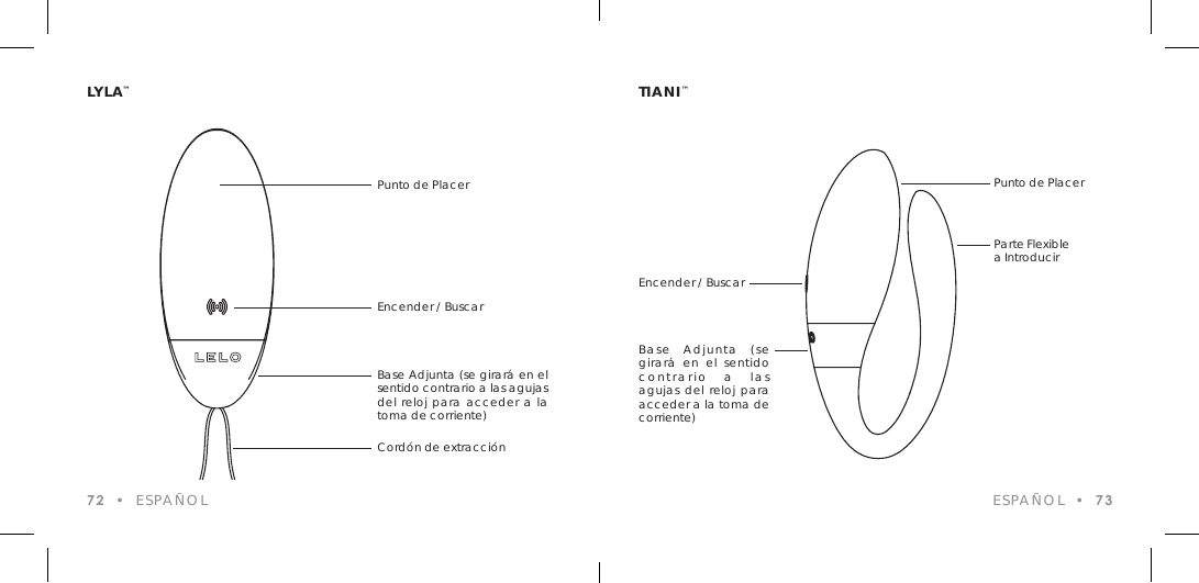 LYLA&trade;72  &bull;  ESPA&Ntilde;OLPunto de PlacerEncender / BuscarBase Adjunta (se girar&aacute; en el sentido contrario a las agujas del reloj para acceder a la toma de corriente)Cord&oacute;n de extracci&oacute;nTIANI&trade;ESPA&Ntilde;OL  &bull;  73Punto de PlacerEncender / BuscarParte Flexiblea IntroducirBase Adjunta (se girar&aacute; en el sentido contrario a las agujas del reloj para acceder a la toma de corriente)