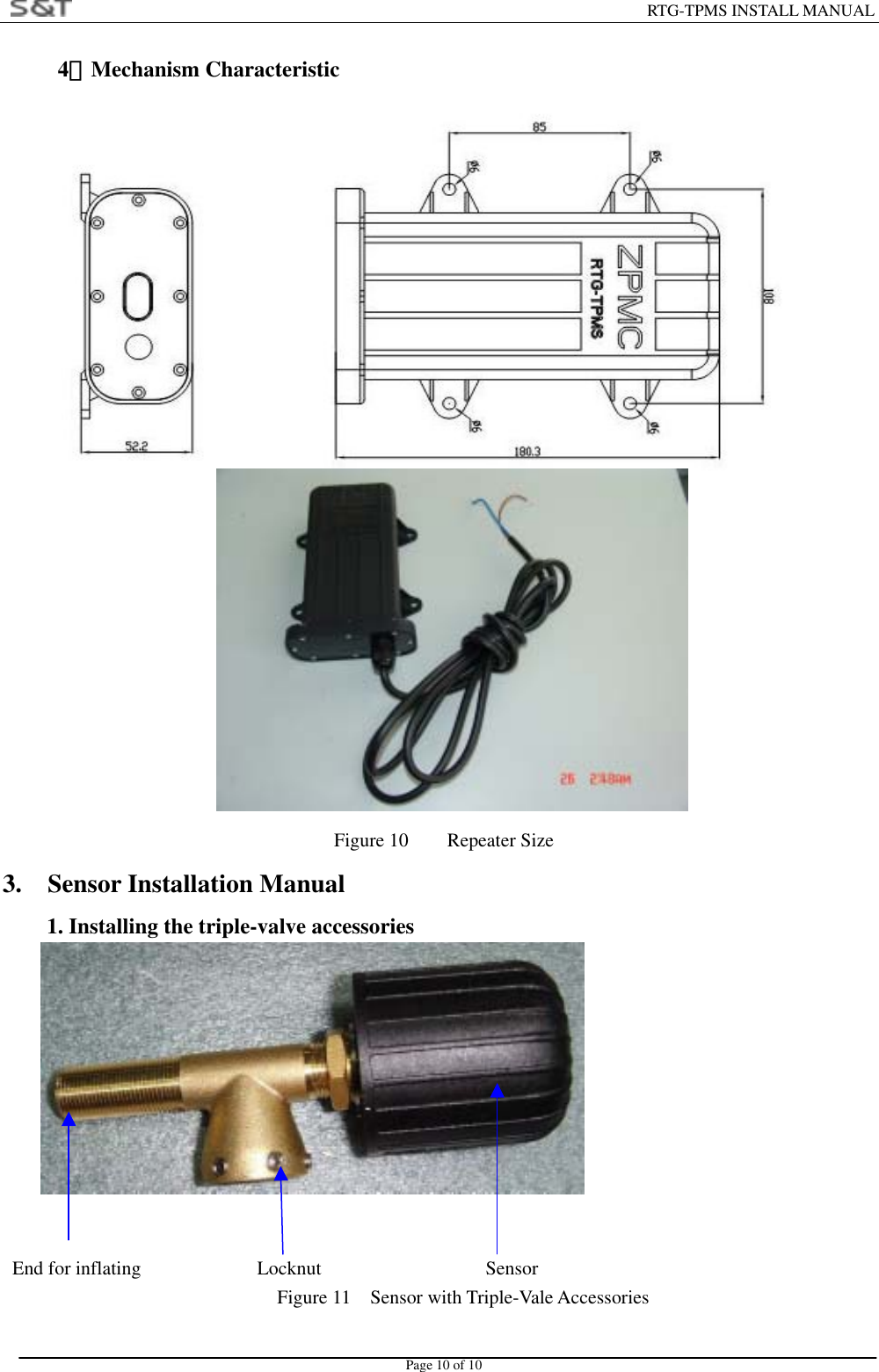                                                                        RTG-TPMS INSTALL MANUAL Page 10 of 10 4．Mechanism Characteristic                      Figure 10    Repeater Size 3.  Sensor Installation Manual 1. Installing the triple-valve accessories      End for inflating            Locknut                 Sensor Figure 11  Sensor with Triple-Vale Accessories 