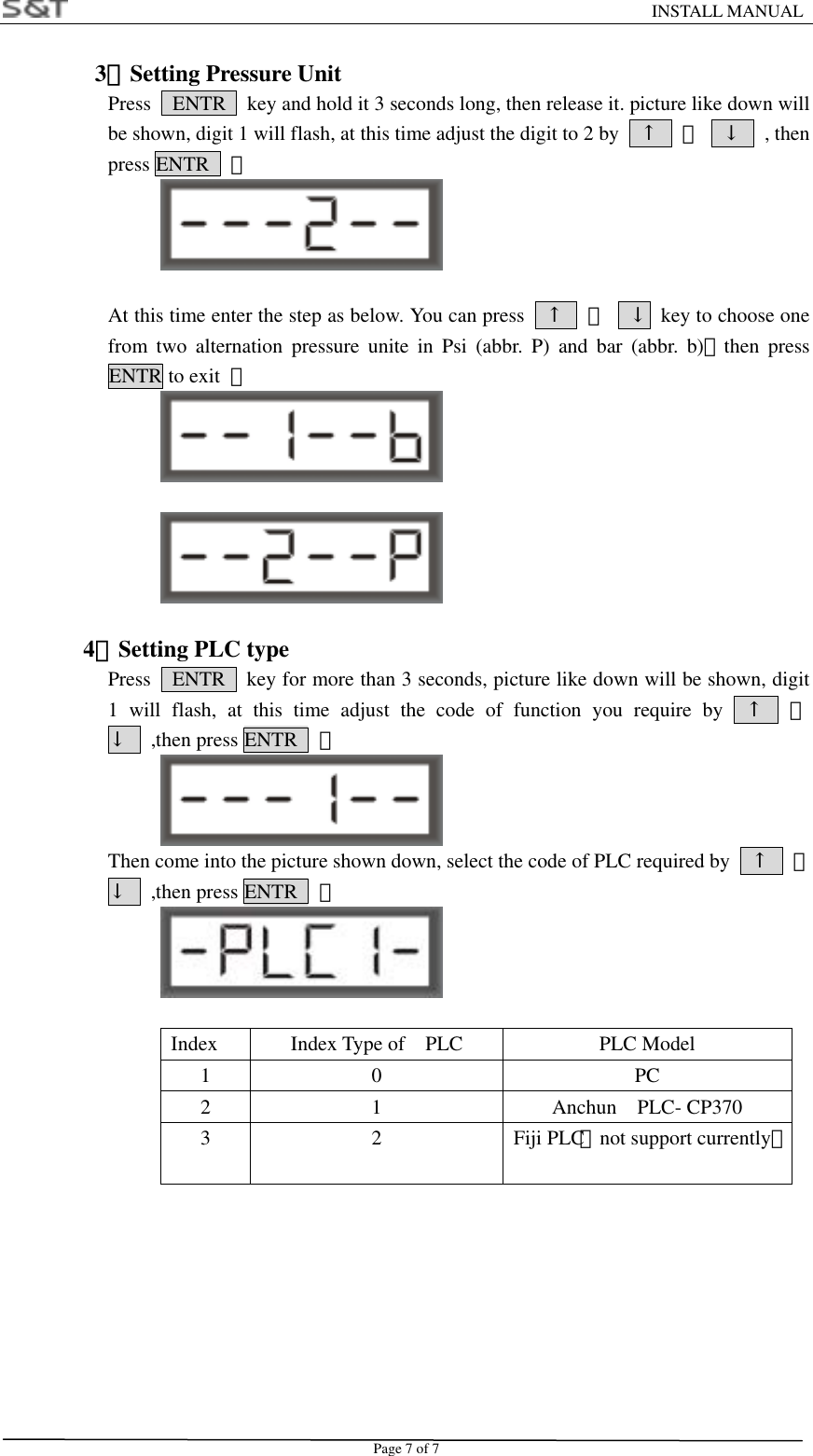                                                                    INSTALL MANUAL Page 7 of 7 3）Setting Pressure Unit   Press    ENTR    key and hold it 3 seconds long, then release it. picture like down will be shown, digit 1 will flash, at this time adjust the digit to 2 by    &uarr;  、  &darr;  , then press ENTR    。   At this time enter the step as below. You can press    &uarr;  、  &darr;  key to choose one from two alternation pressure unite in Psi (abbr. P) and bar (abbr. b)，then press ENTR to exit  。     4）Setting PLC type Press    ENTR    key for more than 3 seconds, picture like down will be shown, digit 1 will flash, at this time adjust the code of function you require by  &uarr;  、  &darr;  ,then press ENTR  。  Then come into the picture shown down, select the code of PLC required by    &uarr;  、  &darr;  ,then press ENTR  。   Index  Index Type of  PLC  PLC Model  1 0  PC 2  1  Anchun  PLC- CP370 3 2 Fiji PLC（not support currently）                 
