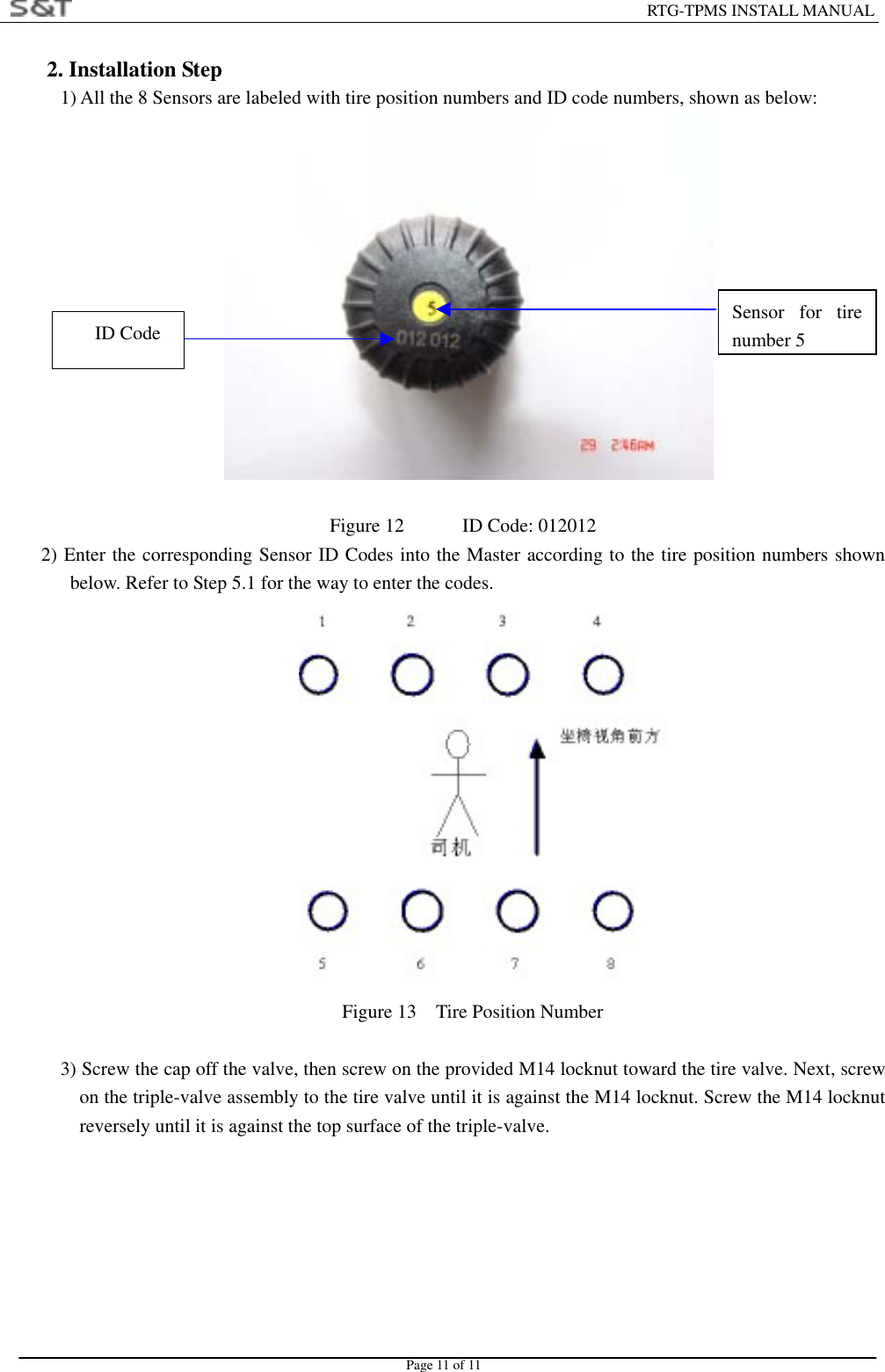                                                                        RTG-TPMS INSTALL MANUAL Page 11 of 11 2. Installation Step     1) All the 8 Sensors are labeled with tire position numbers and ID code numbers, shown as below:                       Figure 12      ID Code: 012012 2) Enter the corresponding Sensor ID Codes into the Master according to the tire position numbers shown below. Refer to Step 5.1 for the way to enter the codes.               Figure 13    Tire Position Number  3) Screw the cap off the valve, then screw on the provided M14 locknut toward the tire valve. Next, screw on the triple-valve assembly to the tire valve until it is against the M14 locknut. Screw the M14 locknut reversely until it is against the top surface of the triple-valve.       ID Code  Sensor for tirenumber 5