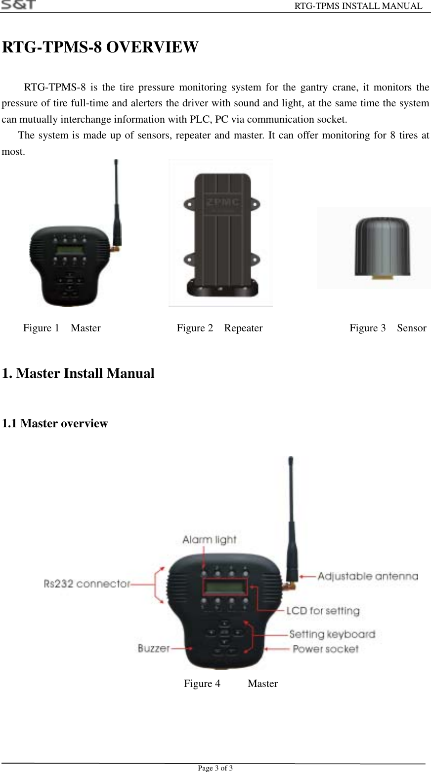                                                         RTG-TPMS INSTALL MANUAL Page 3 of 3 RTG-TPMS-8 OVERVIEW  RTG-TPMS-8 is the tire pressure monitoring system for the gantry crane, it monitors the pressure of tire full-time and alerters the driver with sound and light, at the same time the system can mutually interchange information with PLC, PC via communication socket.   The system is made up of sensors, repeater and master. It can offer monitoring for 8 tires at most.                                  Figure 1  Master              Figure 2  Repeater                Figure 3  Sensor 1. Master Install Manual 1.1 Master overview  Figure 4     Master   