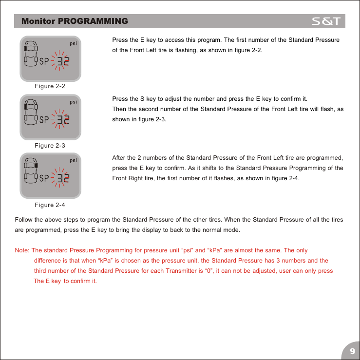 Press the E key to access this program. The first number of the Standard Pressure of the Front Left tire is flashing, as shown in figure 2-2.Figure 2-2Press the S key to adjust the number and press the E key to confirm it. Then the second number of the Standard Pressure of the Front Left tire will flash, as shown in figure 2-3.Figure 2-3After the 2 numbers of the Standard Pressure of the Front Left tire are programmed, press the E key to confirm. As it shifts to the Standard Pressure Programming of the Front Right tire, the first number of it flashes, as shown in figure 2-4.Figure 2-4Follow the above steps to program the Standard Pressure of the other tires. When the Standard Pressure of all the tires are programmed, press the E key to bring the display to back to the normal mode. Note: The standard Pressure Programming for pressure unit &ldquo;psi&rdquo; and &ldquo;kPa&rdquo; are almost the same. The only            difference is that when &ldquo;kPa&rdquo; is chosen as the pressure unit, the Standard Pressure has 3 numbers and the             third number of the Standard Pressure for each Transmitter is &ldquo;0&rdquo;, it can not be adjusted, user can only press            The E key  to confirm it.9Monitor PROGRAMMING