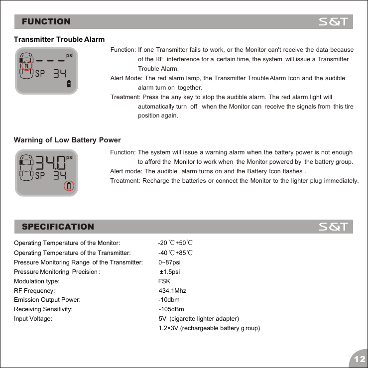 Transmitter Trouble AlarmFunction: If one Transmitter fails to work, or the Monitor can't receive the data because                 of the RF  interference for a  certain time, the system  will issue a Transmitter                 Trouble Alarm.Alert Mode: The red alarm lamp, the Transmitter Trouble Alarm Icon and the audible                 alarm turn on  together.Treatment: Press the any key to stop the audible alarm. The red alarm light will                 automatically turn  off   when the Monitor can  receive the signals from  this tire                 position again.Warning of Low Battery PowerFunction: The system will issue a warning alarm when the battery power is not enough                 to afford the  Monitor to work when  the Monitor powered by  the battery group.Alert mode: The audible  alarm turns on and the Battery Icon flashes .Treatment: Recharge the batteries or connect the Monitor to the lighter plug immediately.SPECIFICATIONOperating Temperature of the Monitor:                      -20 +50Operating Temperature of the Transmitter:                -40 +85Pressure Monitoring Range  of the Transmitter:         0~87psiPressure Monitoring  Precision :                                                  &plusmn;1.5psiModulation type:                                                         FSKRF Frequency:                                                            434.1MhzEmission Output Power:                                             -10dbmReceiving Sensitivity:                                                                   -105dBmInput Voltage:                                                             5V  (cigarette lighter adapter)                                                                                      1.2&times;3V (rechargeable battery g roup)12FUNCTION