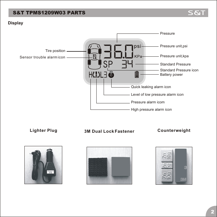 DisplayS&amp;T TPMS1209W03 PARTS23M Dual Lock FastenerLighter Plug Counterweight  PressurePressure unit,psiPressure unit,kpaStandard PressureStandard Pressure iconBattery powerQuick leaking alarm iconLevel of low pressure alarm iconPressure alarm icomHigh pressure alarm iconSensor trouble alarm iconTire position