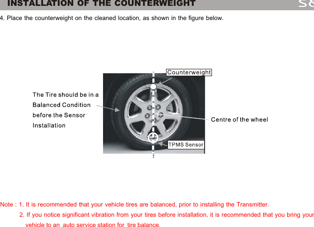               INSTALLATION OF THE COUNTERWEIGHT4. Place the counterweight on the cleaned location, as shown in the figure below.Note : 1. It is recommended that your vehicle tires are balanced, prior to installing the Transmitter.            2. If you notice significant vibration from your tires before installation, it is recommended that you bring your                vehicle to an  auto service station for  tire balance.7