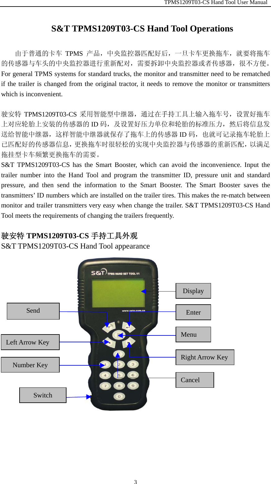                                                         TPMS1209T03-CS Hand Tool User Manual  3S&amp;T TPMS1209T03-CS Hand Tool Operations  由于普通的卡车 TPMS  产品，中央监控器匹配好后，一旦卡车更换拖车，就要将拖车的传感器与车头的中央监控器进行重新配对，需要拆卸中央监控器或者传感器，很不方便。 For general TPMS systems for standard trucks, the monitor and transmitter need to be rematched if the trailer is changed from the original tractor, it needs to remove the monitor or transmitters which is inconvenient.  驶安特 TPMS1209T03-CS 采用智能型中继器，通过在手持工具上输入拖车号，设置好拖车上对应轮胎上安装的传感器的 ID 码，及设置好压力单位和轮胎的标准压力，然后将信息发送给智能中继器，这样智能中继器就保存了拖车上的传感器 ID 码，也就可记录拖车轮胎上已匹配好的传感器信息，更换拖车时很轻松的实现中央监控器与传感器的重新匹配，以满足拖挂型卡车频繁更换拖车的需要。 S&amp;T TPMS1209T03-CS has the Smart Booster, which can avoid the inconvenience. Input the trailer number into the Hand Tool and program the transmitter ID, pressure unit and standard pressure, and then send the information to the Smart Booster. The Smart Booster saves the transmitters&rsquo; ID numbers which are installed on the trailer tires. This makes the re-match between monitor and trailer transmitters very easy when change the trailer. S&amp;T TPMS1209T03-CS Hand Tool meets the requirements of changing the trailers frequently.  驶安特 TPMS1209T03-CS 手持工具外观 S&amp;T TPMS1209T03-CS Hand Tool appearance       DisplayEnterMenu Right Arrow Key Send Left Arrow Key Number Key Switch Cancel 