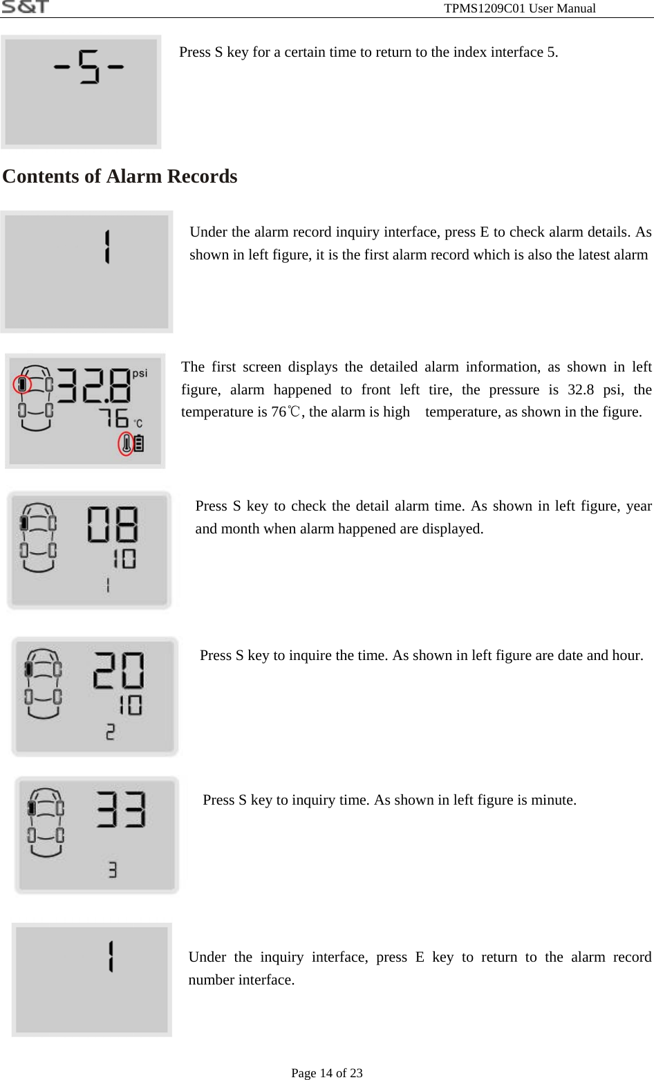                                                              TPMS1209C01 User Manual Page 14 of 23  Press S key for a certain time to return to the index interface 5.    Contents of Alarm Records  Under the alarm record inquiry interface, press E to check alarm details. As shown in left figure, it is the first alarm record which is also the latest alarm         The first screen displays the detailed alarm information, as shown in left figure, alarm happened to front left tire, the pressure is 32.8 psi, the temperature is 76℃, the alarm is high    temperature, as shown in the figure.    Press S key to check the detail alarm time. As shown in left figure, year and month when alarm happened are displayed.      Press S key to inquire the time. As shown in left figure are date and hour.     Press S key to inquiry time. As shown in left figure is minute.     Under the inquiry interface, press E key to return to the alarm record number interface.    