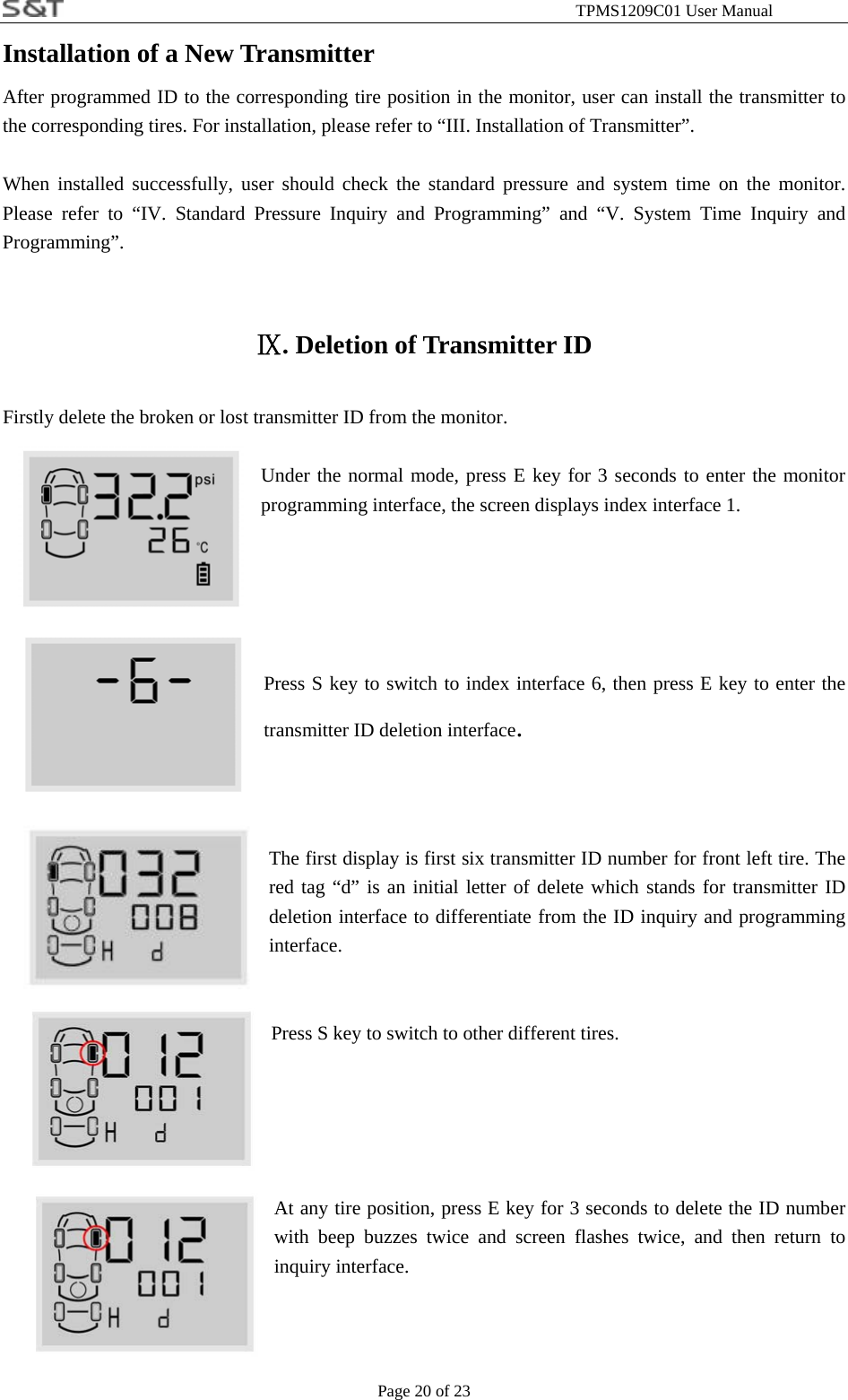                                                              TPMS1209C01 User Manual Page 20 of 23 Installation of a New Transmitter After programmed ID to the corresponding tire position in the monitor, user can install the transmitter to the corresponding tires. For installation, please refer to &ldquo;III. Installation of Transmitter&rdquo;.  When installed successfully, user should check the standard pressure and system time on the monitor. Please refer to &ldquo;IV. Standard Pressure Inquiry and Programming&rdquo; and &ldquo;V. System Time Inquiry and Programming&rdquo;.  . Deletion of Transmitter IDⅨ  Firstly delete the broken or lost transmitter ID from the monitor.  Under the normal mode, press E key for 3 seconds to enter the monitor programming interface, the screen displays index interface 1.      Press S key to switch to index interface 6, then press E key to enter the transmitter ID deletion interface.    The first display is first six transmitter ID number for front left tire. The red tag &ldquo;d&rdquo; is an initial letter of delete which stands for transmitter ID deletion interface to differentiate from the ID inquiry and programming interface.   Press S key to switch to other different tires.      At any tire position, press E key for 3 seconds to delete the ID number with beep buzzes twice and screen flashes twice, and then return to inquiry interface.    