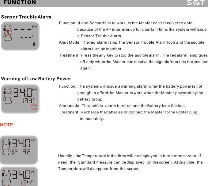Sensor Trouble AlarmFunction: If one Sensor fails to work, or the Master can't receive the data because of the RF interference for a certain time, the system will issue a Sensor Trouble Alarm.Alert Mode: The red alarm lamp, the Sensor Trouble Alarm Icon and the audible alarm turn on together.Treatment: Press the any key to stop the audible alarm. The red alarm lamp goes off only when the Master can receive the signals from this tire position again.Warning of Low Battery PowerFunction: The system will issue a warning alarm when the battery power is not enough to afford the Master to work when the Master powered by the battery group.Alert mode: The audible  alarm turns on and the Battery Icon flashes .Treatment: Recharge the batteries or connect the Master to the lighter plug immediately.10FUNCTIONNOTE:Usually , the Temperature in the tires will be displayed in turn on the screen. If need, the  Standard Pressure can be displayed  on the screen. At this time, the Temperature will disappear from  the screen. 