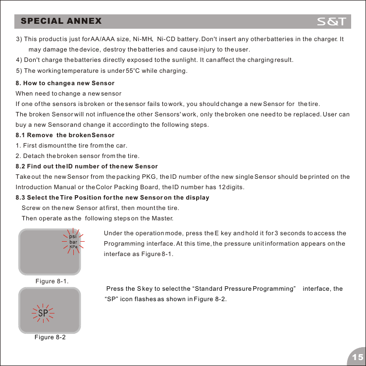 SPECIAL ANNEX153) This product is just for AA/AAA size, Ni-MH Ni-CD battery. Don't insert any other batteries in the charger. It may damage the device, destroy the batteries and cause injury to the user.4) Don't charge the batteries directly exposed to the sunlight. It can affect the charging result.o5) The working temperature is under 55 C while charging. 8. How to change a new SensorWhen need to change a new sensorIf one of the sensors is broken or the sensor fails to work, you should change a new Sensor for  the tire. The broken Sensor will not influence the other Sensors' work, only the broken one need to be replaced. User can buy a new Sensor and change it according to the following steps.8.1 Remove  the broken Sensor1. First dismount the tire from the car.2. Detach the broken sensor from the tire.8.2 Find out the ID number of the new SensorTake out the new Sensor from the packing PKG, the ID number of the new single Sensor should be printed on the Introduction Manual or the Color Packing Board, the ID number has 12 digits. 8.3 Select the Tire Position for the new Sensor on the displayScrew on the new Sensor at first, then mount the tire. Then operate as the  following steps on the Master.Under the operation mode, press the E key and hold it for 3 seconds to access the Programming interface. At this time, the pressure unit information appears on the interface as Figure 8-1.Figure 8-1. Press the S key to select the &ldquo;Standard Pressure Programming&rdquo;    interface, the &ldquo;SP&rdquo; icon flashes as shown in Figure 8-2.Figure 8-2