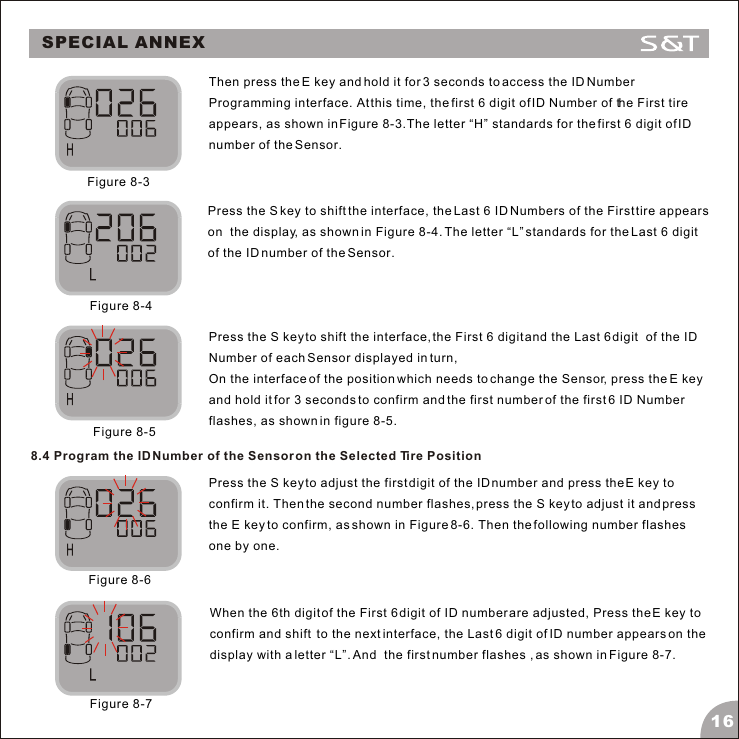 SPECIAL ANNEX16Then press the E key and hold it for 3 seconds to access the ID Number Programming interface. At this time, the first 6 digit of ID Number of the First tire appears, as shown in Figure 8-3.The letter &ldquo;H&rdquo; standards for the first 6 digit of ID number of the Sensor. Figure 8-3Press the S key to shift the interface, the Last 6 ID Numbers of the First tire appears on  the display, as shown in Figure 8-4. The letter &ldquo;L&rdquo; standards for the Last 6 digit of the ID number of the Sensor.Figure 8-4Press the S key to shift the interface, the First 6 digit and the Last 6 digit  of the ID Number of each Sensor displayed in turn, On the interface of the position which needs to change the Sensor, press the E key  and hold it for 3 seconds to confirm and the first number of the first 6 ID Number flashes, as shown in figure 8-5.Figure 8-58.4 Program the ID Number of the Sensor on the Selected Tire PositionPress the S key to adjust the first digit of the ID number and press the E key to confirm it. Then the second number flashes, press the S key to adjust it and press the E key to confirm, as shown in Figure 8-6. Then the following number flashes one by one.When the 6th digit of the First 6 digit of ID number are adjusted, Press the E key to confirm and shift  to the next interface, the Last 6 digit of ID number appears on the display with a letter &ldquo;L&rdquo;. And  the first number flashes , as shown in Figure 8-7. Figure 8-6Figure 8-7