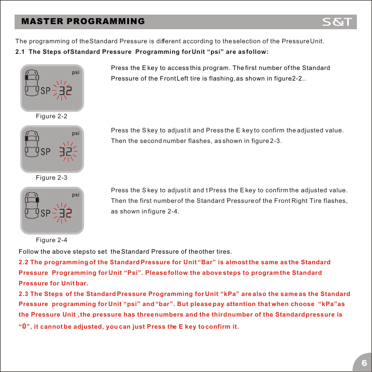 Figure 2-2Figure 2-3Figure 2-46MASTER PROGRAMMINGThe programming of the Standard Pressure is different according to the selection of the Pressure Unit.2.1  The Steps of Standard Pressure  Programming for Unit &ldquo;psi&rdquo; are as follow:Press the S key to adjust it and Press the E key to confirm the adjusted value. Then the second number flashes, as shown in figure 2-3.Press the S key to adjust it and t Press the E key to confirm the adjusted value. Then the first number of the Standard Pressure of the Front Right Tire flashes,  as shown in figure 2-4.Follow the above steps to set  the Standard Pressure of the other tires. 2.2 The programming of the Standard Pressure for Unit &ldquo;Bar&rdquo; is almost the same as the Standard  Pressure  Programming for Unit &ldquo;Psi&rdquo;. Please follow the above steps to program the Standard Pressure for Unit bar. 2.3 The Steps  of the Standard Pressure Programming for Unit &ldquo;kPa&rdquo; are also the same as the Standard Pressure  programming for Unit &ldquo;psi&rdquo; and &ldquo;bar&rdquo;. But please pay attention that when choose  &ldquo;kPa&rdquo;as the Pressure Unit , the pressure has three numbers and the third number of the Standard pressure is &ldquo;0&rdquo;, it cannot be adjusted, you can just Press the E key to confirm it. Press the E key to access this program. The first number of the Standard Pressure of the Front Left tire is flashing, as shown in figure2-2..
