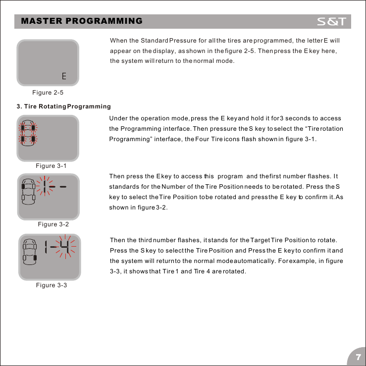 7MASTER PROGRAMMING3. Tire Rotating ProgrammingUnder the operation mode, press the E key and hold it for 3 seconds to access the Programming interface. Then pressure the S key to select the &ldquo;Tire rotation Programming&rdquo; interface, the Four Tire icons flash shown in figure 3-1.Figure 3-1Then the third number flashes, it stands for the Target Tire Position to rotate. Press the S key to select the Tire Position and Press the E key to confirm it and the system will return to the normal mode automatically. For example, in figure 3-3, it shows that Tire 1 and Tire 4 are rotated.Figure 3-2Then press the E key to access this  program  and the first number flashes. I t standards for the Number of the Tire Position needs to be rotated. Press the S key to select the Tire Position to be rotated and press the E key to confirm it. As shown in figure 3-2. Figure 3-3When the Standard Pressure for all the tires are programmed, the letter E will appear on the display, as shown in the figure 2-5. Then press the E key here, the system will return to the normal mode.Figure 2-5