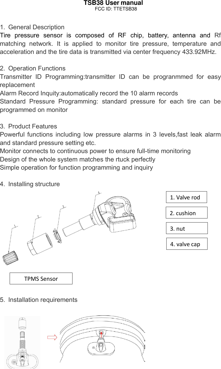 Page 1 of Suzhou Sate Auto Electronic TSB38 Tire Pressure Monitoring System Sensor User Manual 